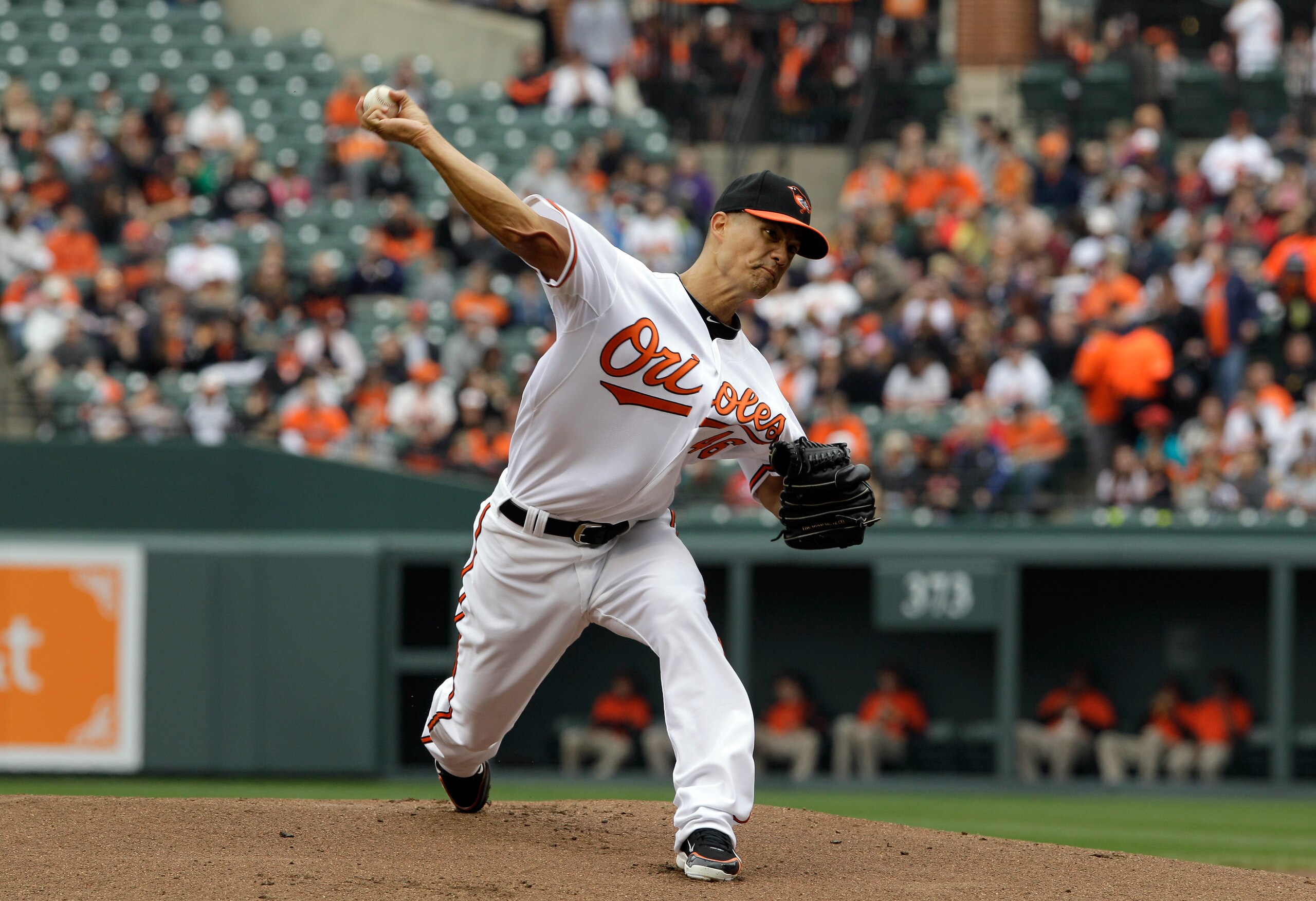 BALTIMORE, MD - APRIL 10:  Starting pitcher Jeremy Guthrie #46 of the Baltimore Orioles delivers to a Texas Rangers batter during the third inning at Oriole Park at Camden Yards on April 10, 2011 in Baltimore, Maryland.  (Photo by Rob Carr/Getty Images)