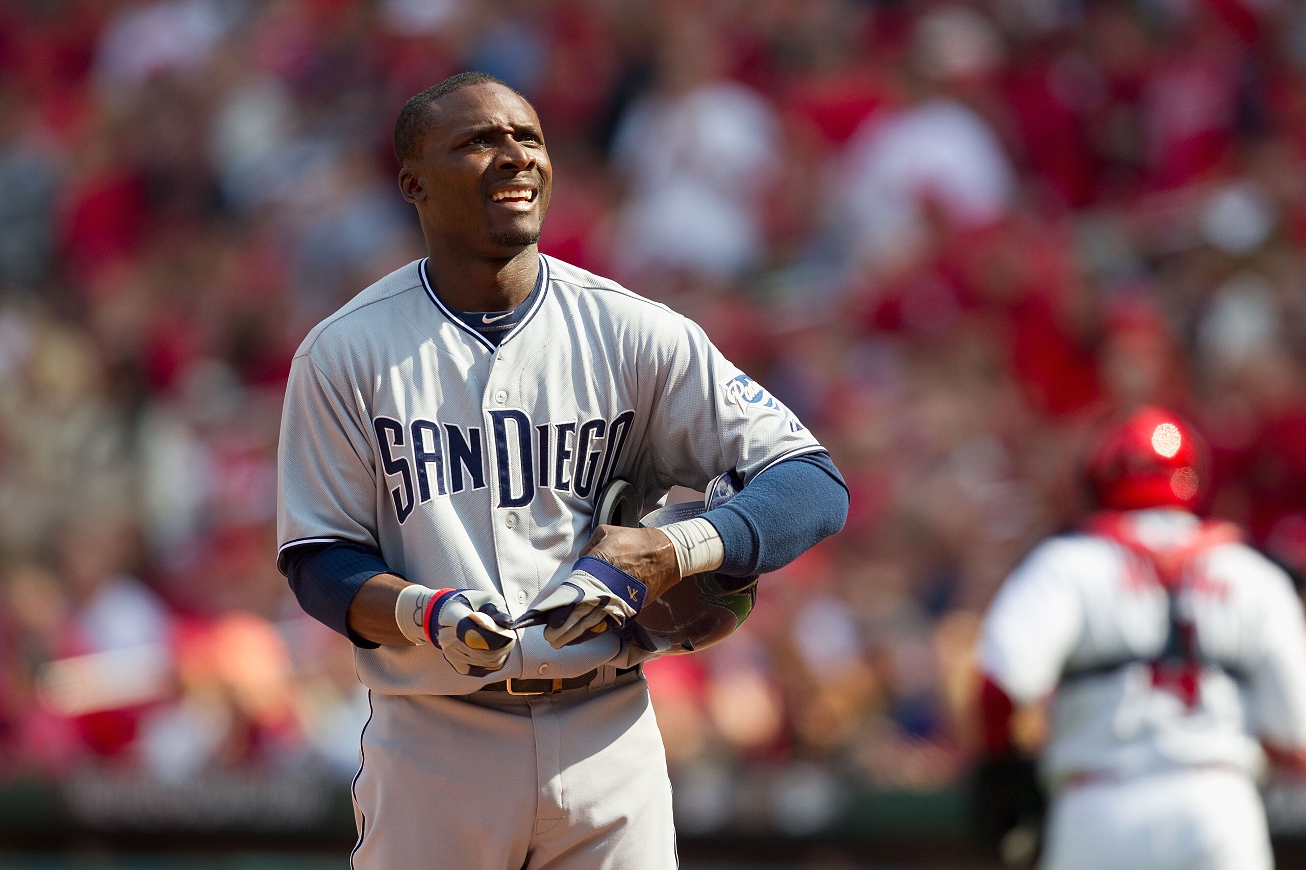 ST. LOUIS, MO - MARCH 31: Orlando Hudson #1 of the San Diego Padres reacts to striking out against the St. Louis Cardinals on opening day at Busch Stadium on March 31, 2011 in St. Louis, Missouri.  (Photo by Dilip Vishwanat/Getty Images)