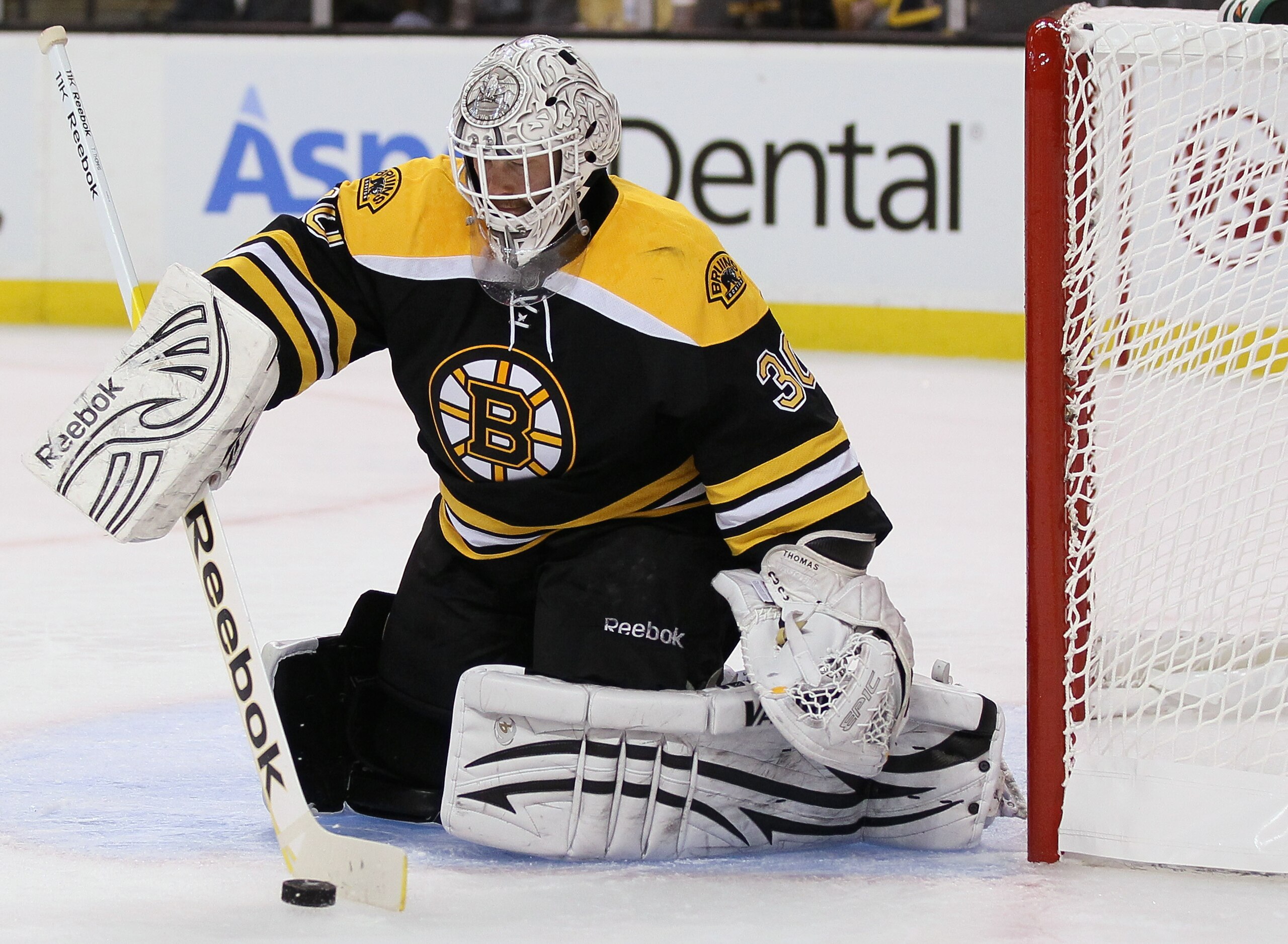 BOSTON, MA - APRIL 14: Tim Thomas #30 of the Boston Bruins stops a shot in the second period against the Montreal Canadiens in Game One of the Eastern Conference Quarterfinals during the 2011 NHL Stanley Cup Playoffs at TD Garden on April 14, 2011 in Bos BOSTON, MA - APRIL 14: Tim Thomas #30 of the Boston Bruins stops a shot in the second period against the Montreal Canadiens in Game One of the Eastern Conference Quarterfinals during the 2011 NHL Stanley Cup Playoffs at TD Garden on April 14, 2011 in Bos