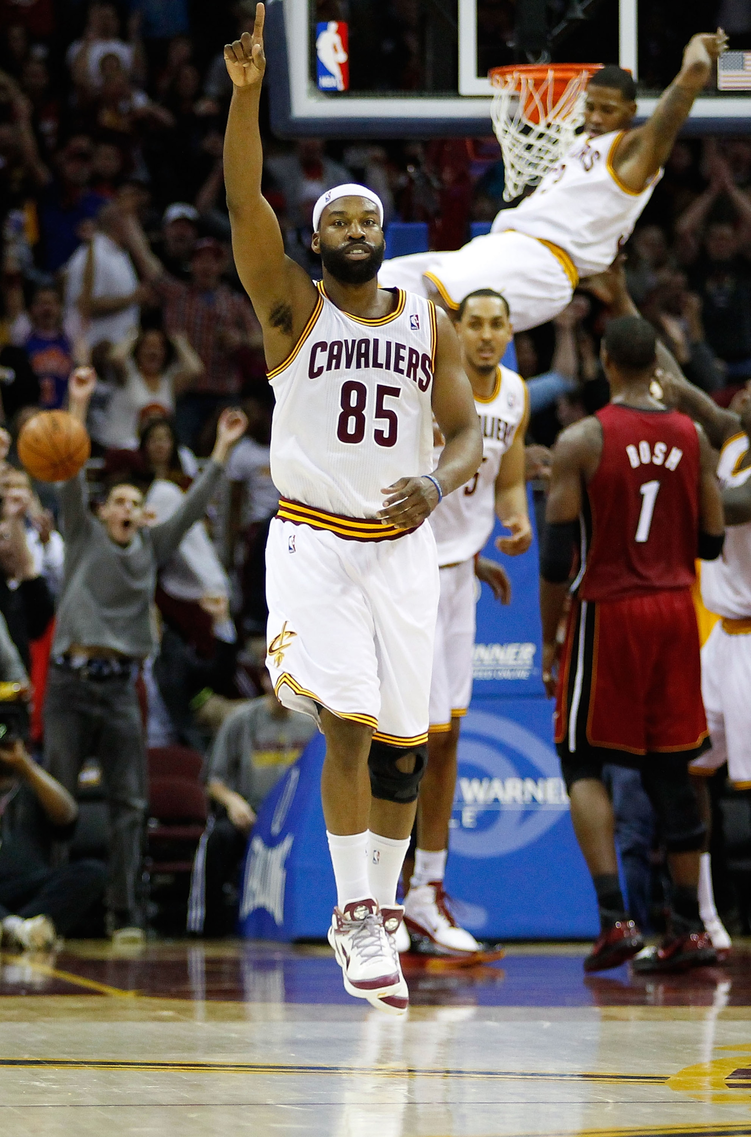 CLEVELAND - MARCH 29: Baron Davis #85 of the Cleveland Cavaliers celebrates after his team scored against the Miami Heat during the game against the Cleveland Cavaliers on March 29, 2011 at Quicken Loans Arena in Cleveland, Ohio. NOTE TO USER: User expres