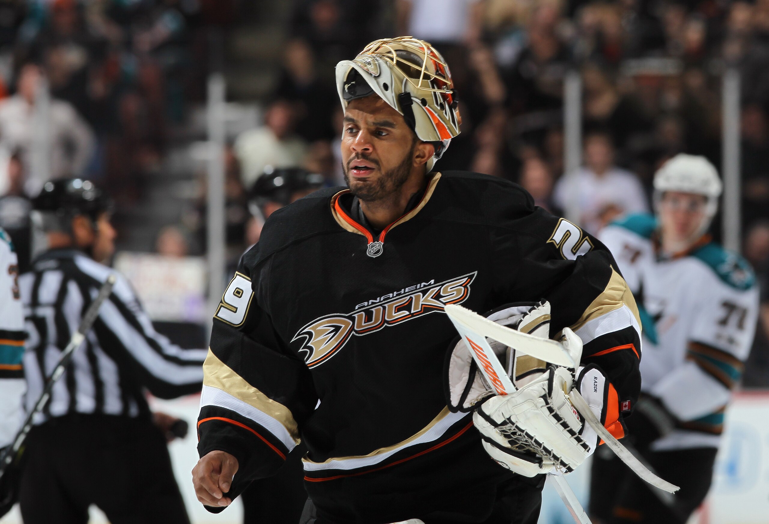 ANAHEIM, CA - APRIL 06: Goaltender Ray Emery #29 of the Anaheim Ducks looks on against the San Jose Sharks at Honda Center on April 6, 2011 in Anaheim, California. (Photo by Jeff Gross/Getty Images) ANAHEIM, CA - APRIL 06: Goaltender Ray Emery #29 of the Anaheim Ducks looks on against the San Jose Sharks at Honda Center on April 6, 2011 in Anaheim, California. (Photo by Jeff Gross/Getty Images)