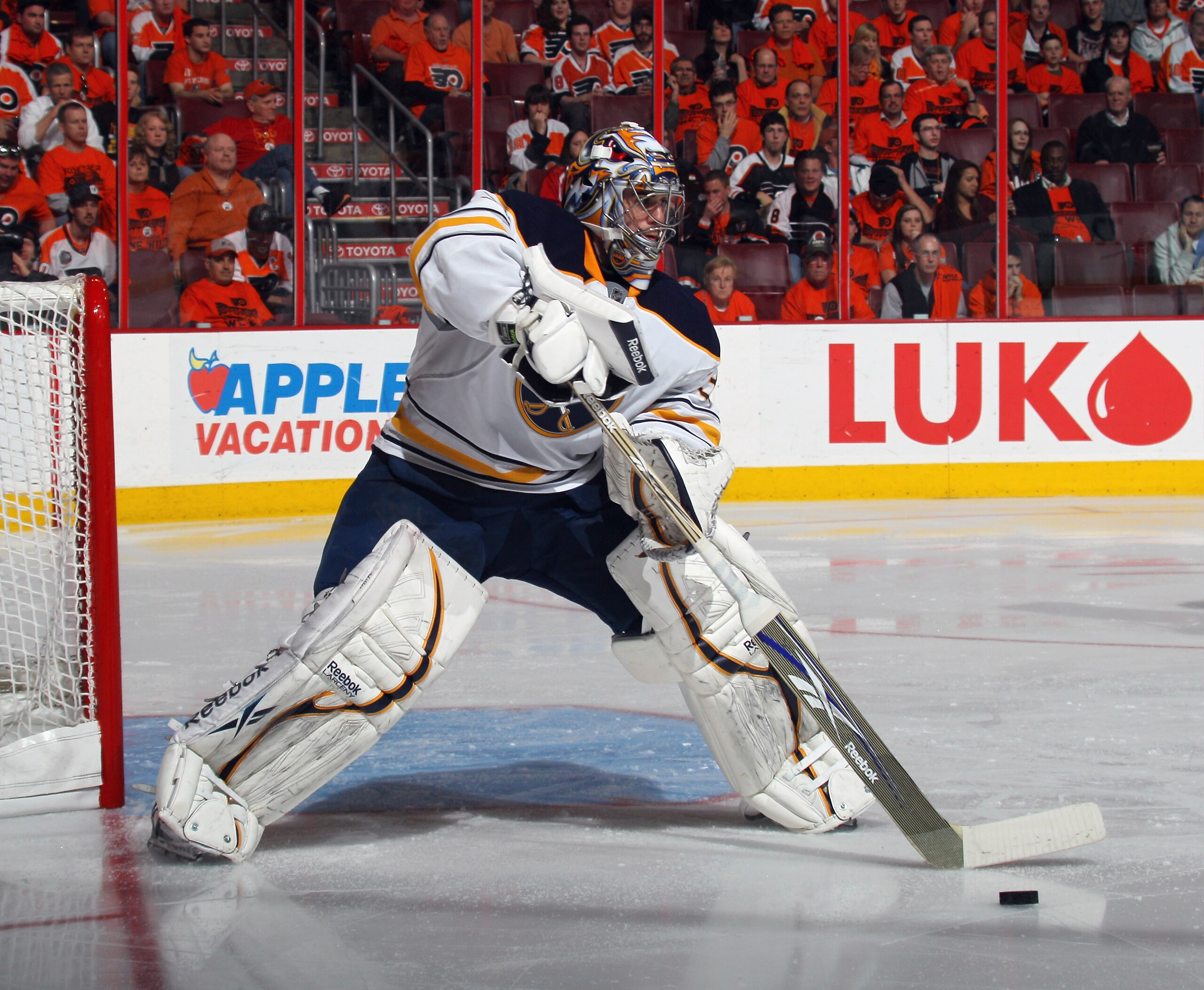 PHILADELPHIA, PA - APRIL 14: Ryan Miller #30 of the Buffalo Sabres plays the puck against the Philadelphia Flyers in Game One of the Eastern Conference Quarterfinals during the 2011 NHL Stanley Cup Playoffs at Wells Fargo Center on April 14, 2011 in Phil PHILADELPHIA, PA - APRIL 14: Ryan Miller #30 of the Buffalo Sabres plays the puck against the Philadelphia Flyers in Game One of the Eastern Conference Quarterfinals during the 2011 NHL Stanley Cup Playoffs at Wells Fargo Center on April 14, 2011 in Phil