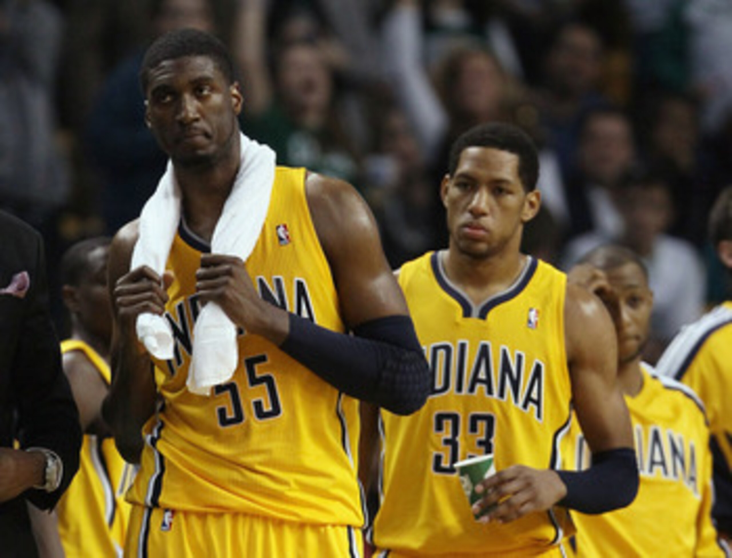 BOSTON, MA - MARCH 16: Roy Hibbert #55 and Danny Granger #33 of the Indiana Pacers react after the game against the Boston Celtics on March 16, 2011 at the TD Garden in Boston, Massachusetts. The Celtics defeated the Indiana Pacers 92-80. NOTE TO USER: U BOSTON, MA - MARCH 16: Roy Hibbert #55 and Danny Granger #33 of the Indiana Pacers react after the game against the Boston Celtics on March 16, 2011 at the TD Garden in Boston, Massachusetts. The Celtics defeated the Indiana Pacers 92-80. NOTE TO USER: U