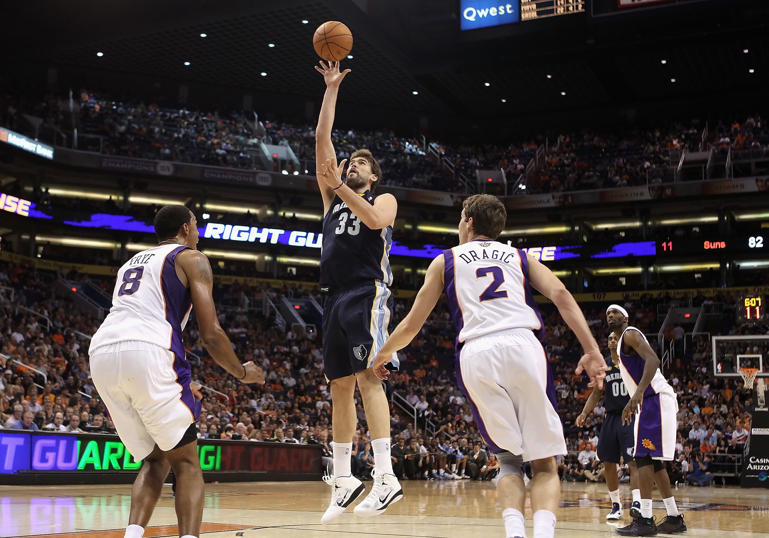 PHOENIX - NOVEMBER 05: Marc Gasol #33 of the Memphis Grizzlies puts up a shot during the NBA game against the Phoenix Suns at US Airways Center on November 5, 2010 in Phoenix, Arizona. NOTE TO USER: User expressly acknowledges and agrees that, by downloa PHOENIX - NOVEMBER 05: Marc Gasol #33 of the Memphis Grizzlies puts up a shot during the NBA game against the Phoenix Suns at US Airways Center on November 5, 2010 in Phoenix, Arizona. NOTE TO USER: User expressly acknowledges and agrees that, by downloa