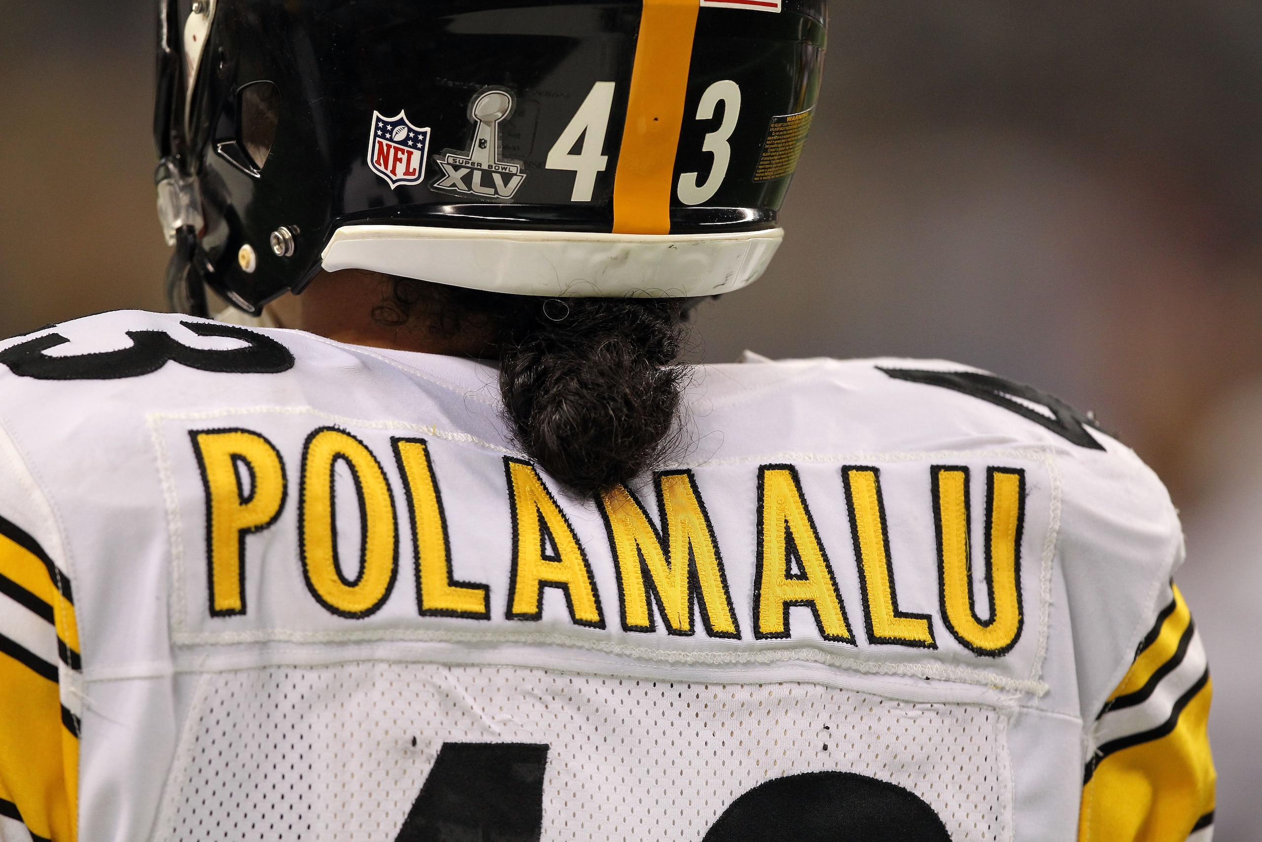 ARLINGTON, TX - FEBRUARY 06:  A detail of the back of the jersey of Troy Polamalu #43 of the Pittsburgh Steelers against the Green Bay Packers during Super Bowl XLV at Cowboys Stadium on February 6, 2011 in Arlington, Texas.  (Photo by Al Bello/Getty Imag