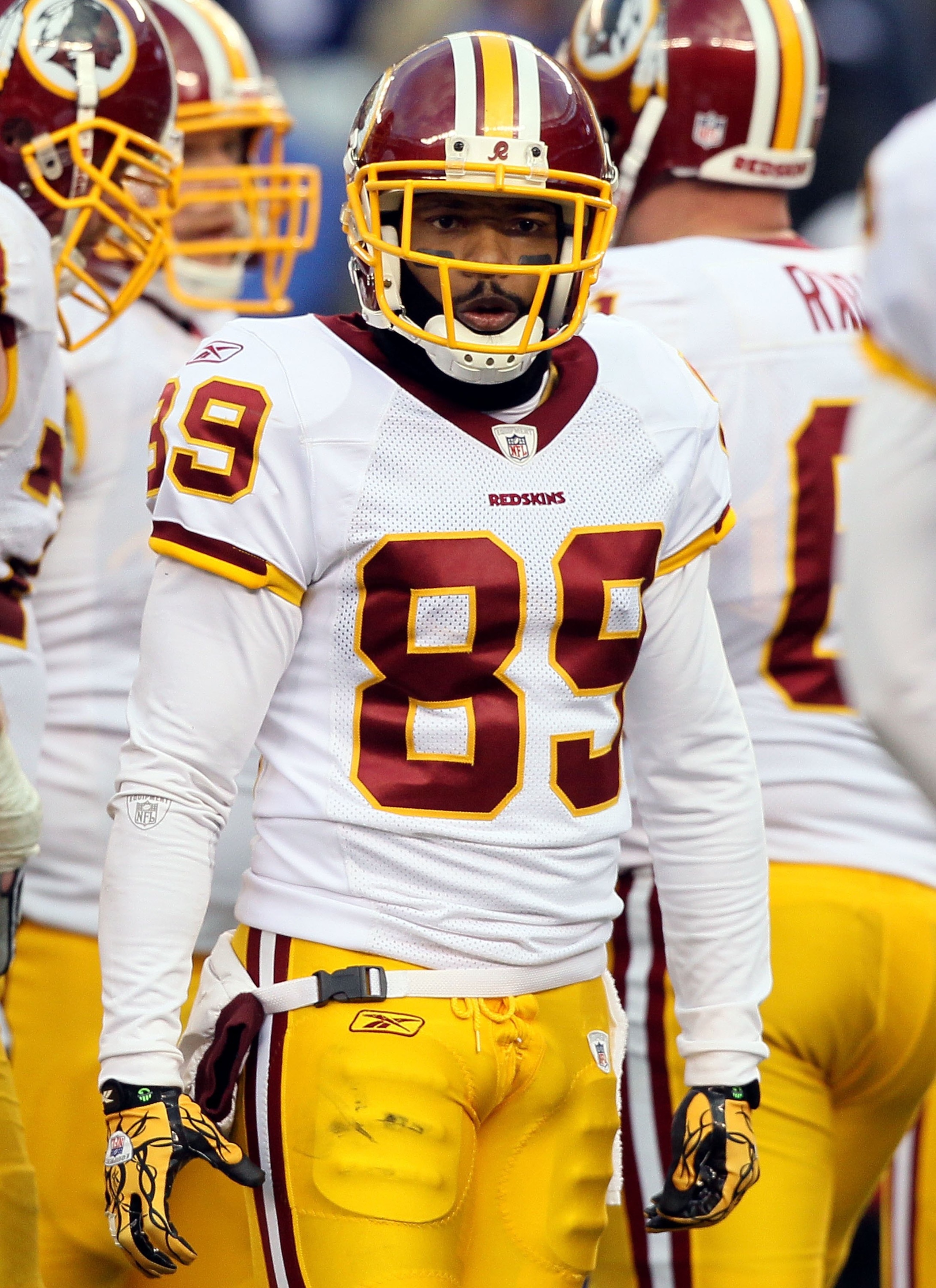EAST RUTHERFORD, NJ - DECEMBER 05:  Santana Moss #89 of the Washington Redskins looks on against the New York Giants on December 5, 2010 at the New Meadowlands Stadium in East Rutherford, New Jersey. The Giants defeated the Redskins 31-7.  (Photo by Jim M