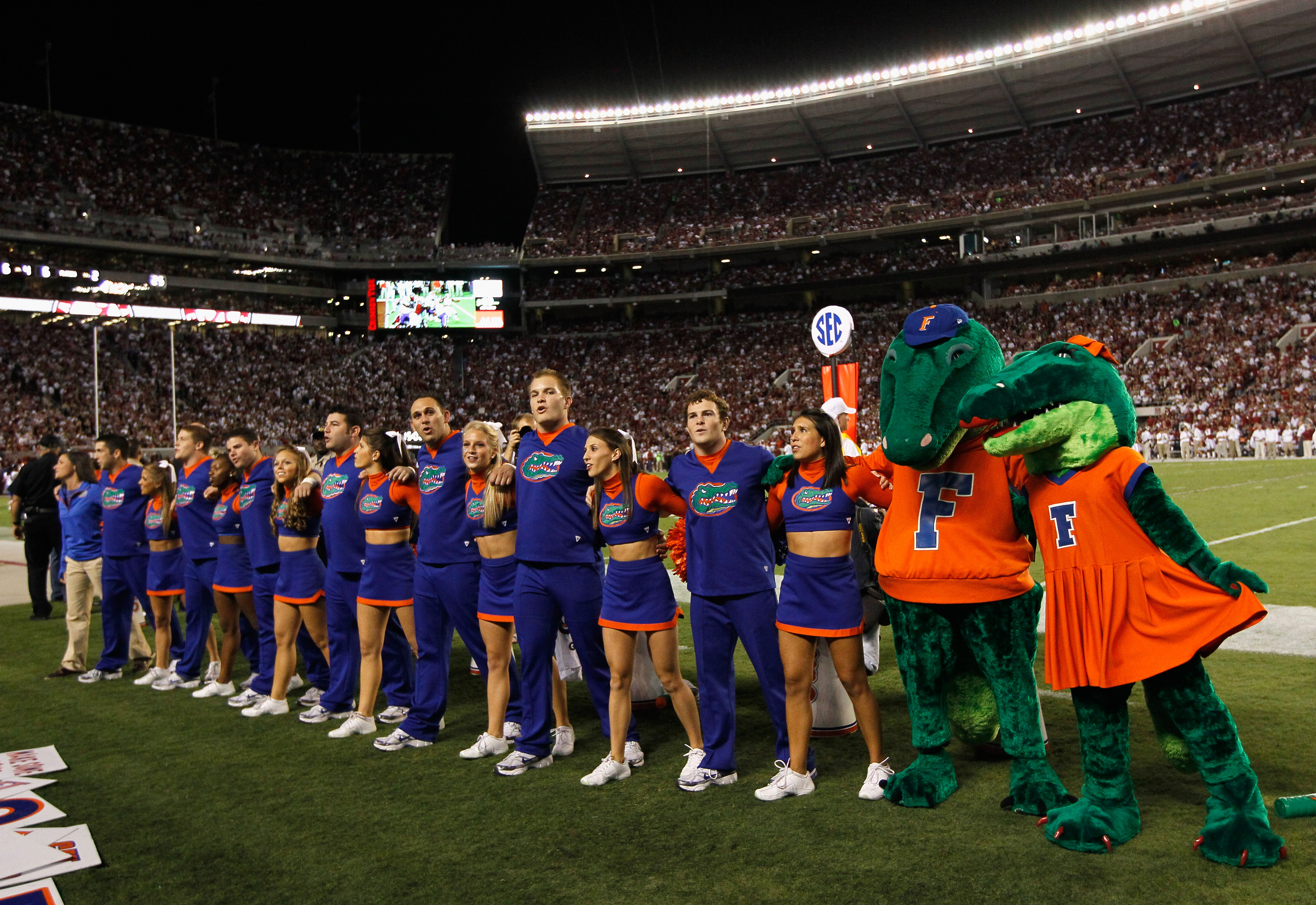 TUSCALOOSA, AL - OCTOBER 02:  Cheerleaders and mascots of the Florida Gators during the game against the Alabama Crimson Tide at Bryant-Denny Stadium on October 2, 2010 in Tuscaloosa, Alabama.  (Photo by Kevin C. Cox/Getty Images)