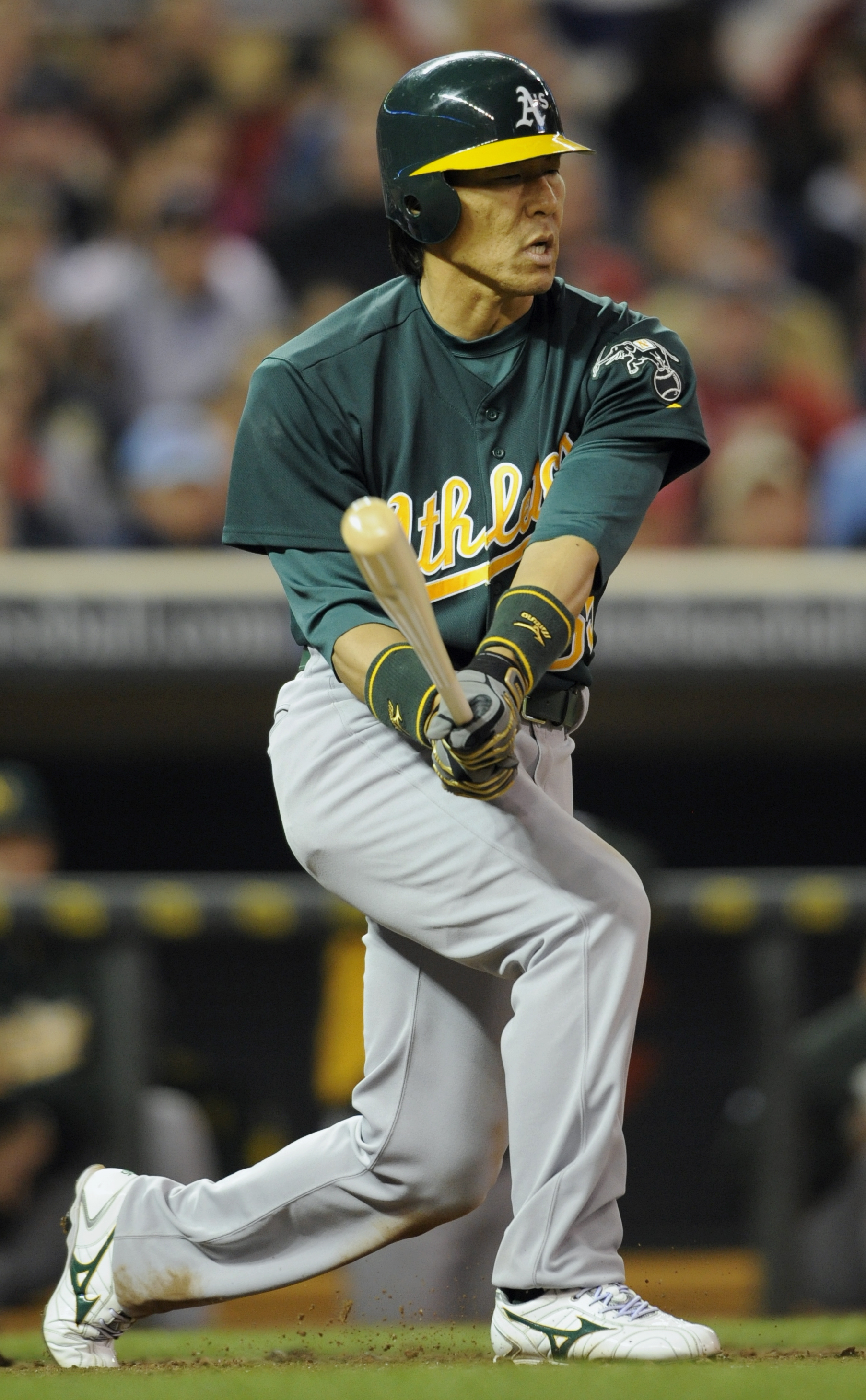 MINNEAPOLIS, MN - APRIL 9: Hideki Matsui #55 of the Oakland Athletics reacts to striking out with the bases loaded against the Minnesota Twins during the seventh inning of their game on April 9, 2011 at Target Field in Minneapolis, Minnesota. Athletics de