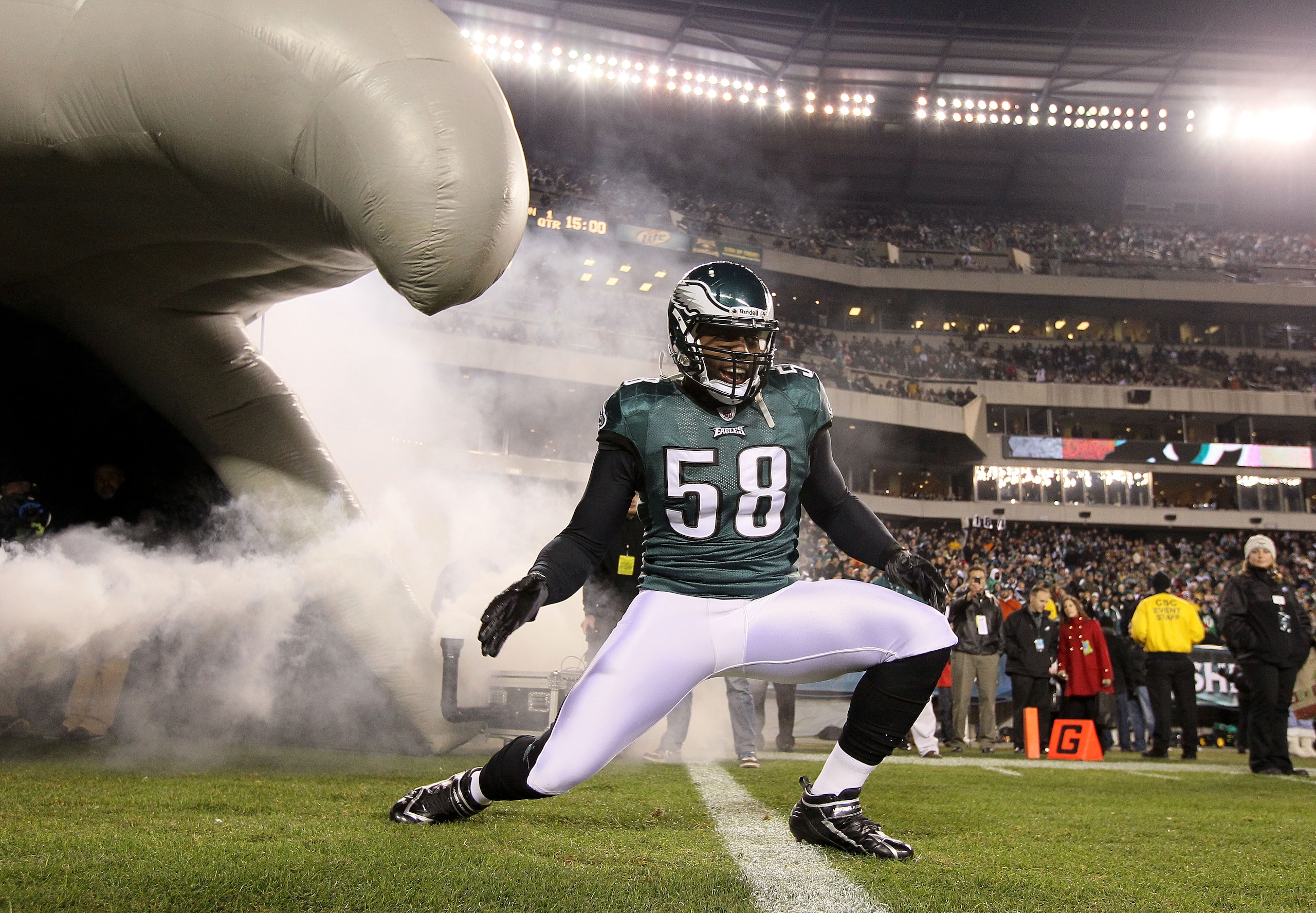 PHILADELPHIA, PA - DECEMBER 02: Trent Cole #58 of the Philadelphia Eagles takes the field during player introductions against the Houston Texans at Lincoln Financial Field on December 2, 2010 in Philadelphia, Pennsylvania. (Photo by Jim McIsaac/Getty Im PHILADELPHIA, PA - DECEMBER 02: Trent Cole #58 of the Philadelphia Eagles takes the field during player introductions against the Houston Texans at Lincoln Financial Field on December 2, 2010 in Philadelphia, Pennsylvania. (Photo by Jim McIsaac/Getty Im
