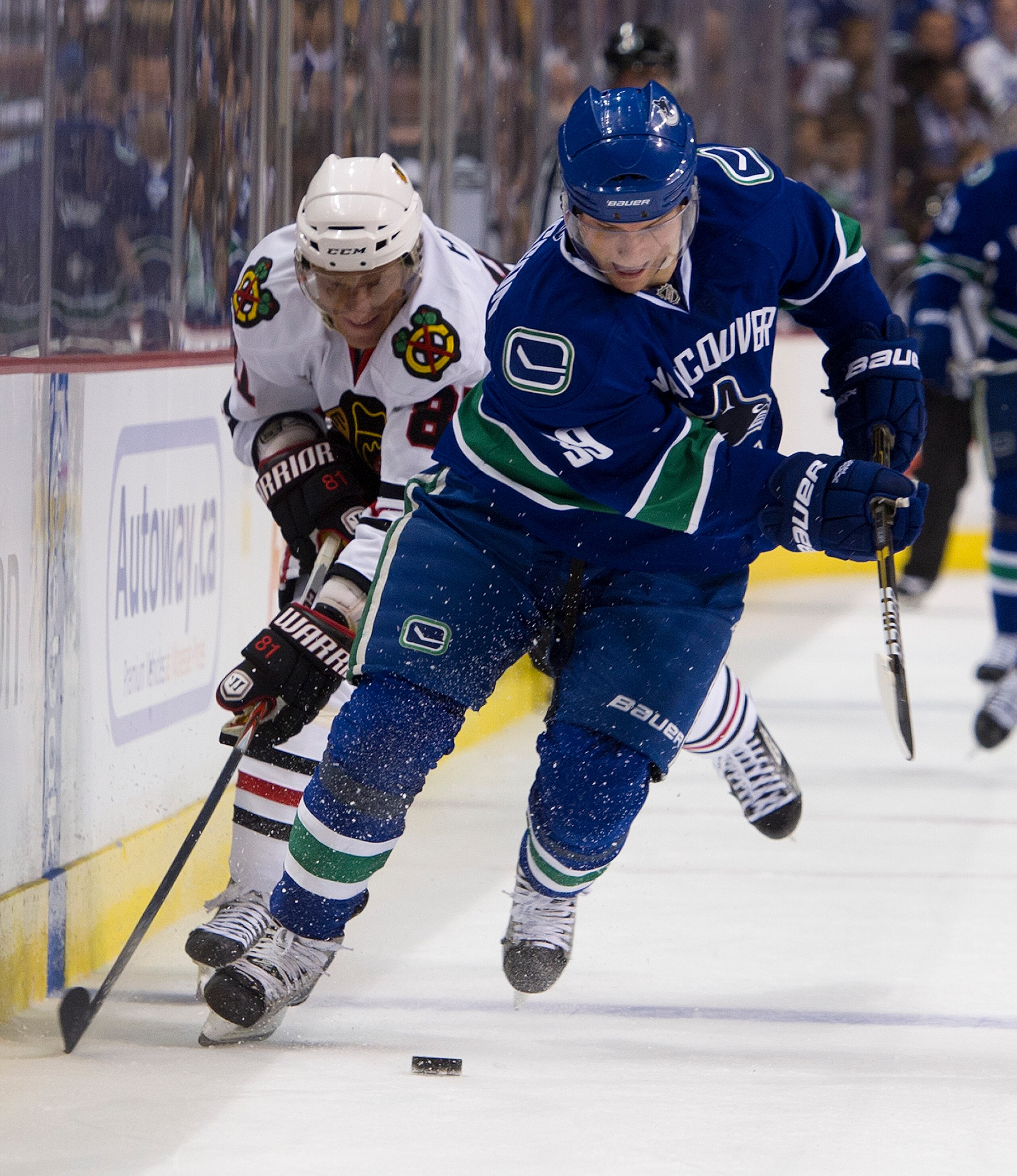 VANCOUVER, CANADA - APRIL 15: Marian Hossa #81 of the Chicago Blackhawks chases Cody Hodgson #39 of the Vancouver Canucks during the second period in Game Two of the Western Conference Quarterfinals during the 2011 NHL Stanley Cup Playoffs on April 15, 20