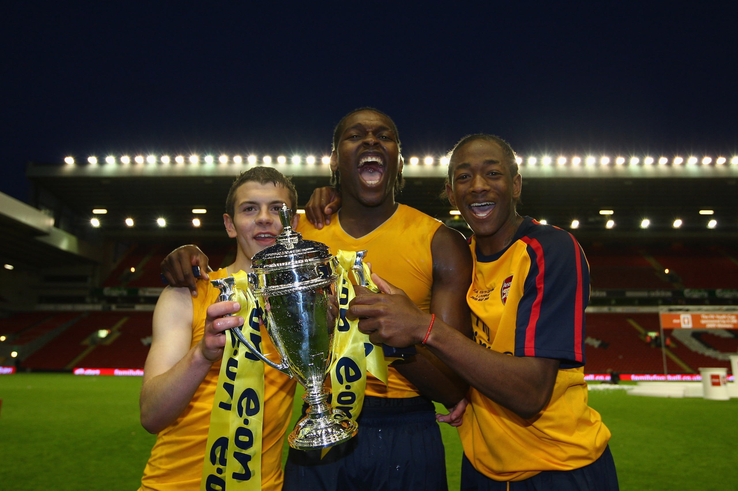 LIVERPOOL, ENGLAND - MAY 26:  (L-R) Arsenals Jack Wilshere, Jay Emmanuel Thomas and Sanchez Watt celebrate winning the FA Youth Cup during the second leg of the FA Youth Cup final sponsored by E.ON, between Liverpool and Arsenal at Anfield on May 26, 2009