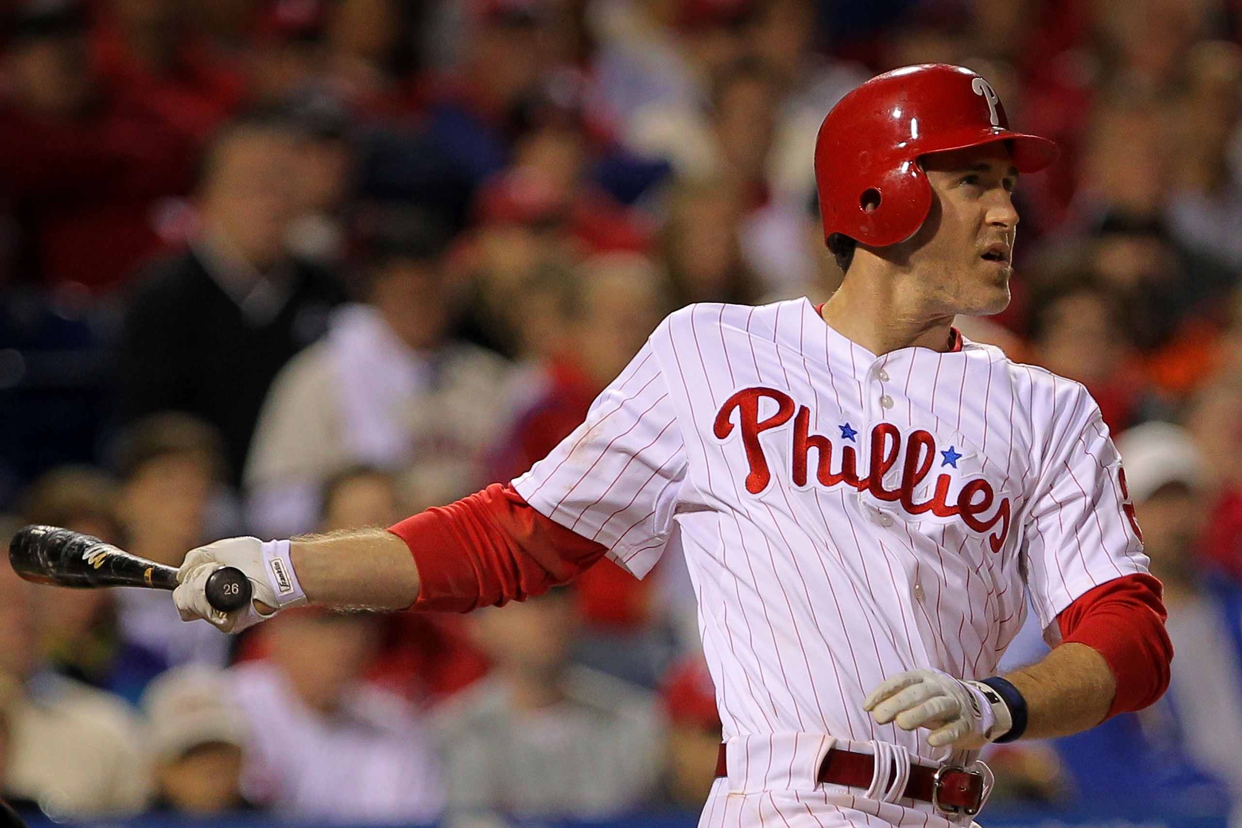 PHILADELPHIA - OCTOBER 17: Chase Utley #26 of the Philadelphia Phillies connects for a long fly ball out to advance the runners against the San Francisco Giants in Game Two of the NLCS during the 2010 MLB Playoffs at Citizens Bank Park on October 17, 201 PHILADELPHIA - OCTOBER 17: Chase Utley #26 of the Philadelphia Phillies connects for a long fly ball out to advance the runners against the San Francisco Giants in Game Two of the NLCS during the 2010 MLB Playoffs at Citizens Bank Park on October 17, 201
