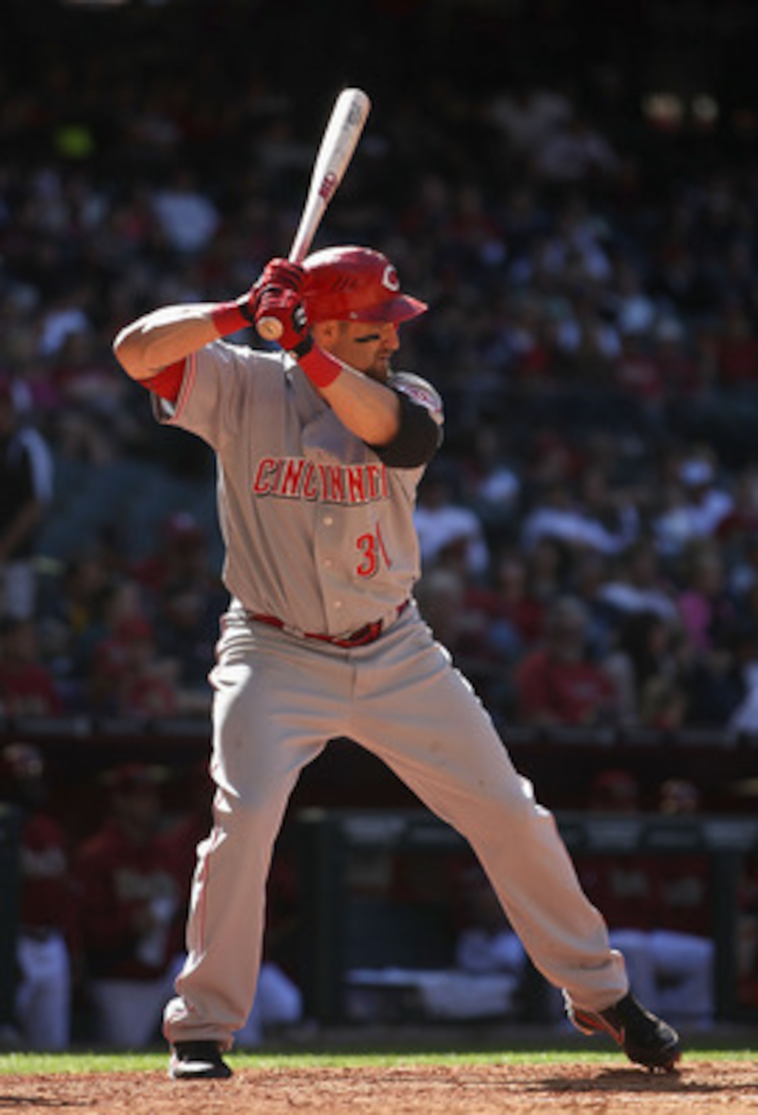 PHOENIX, AZ - APRIL 10: Jonny Gomes #31 of the Cincinnati Reds bats against the Arizona Diamondbacks during the Major League Baseball game at Chase Field on April 10, 2011 in Phoenix, Arizona. The Diamondbacks defeated the Reds 10-8. (Photo by Christi PHOENIX, AZ - APRIL 10: Jonny Gomes #31 of the Cincinnati Reds bats against the Arizona Diamondbacks during the Major League Baseball game at Chase Field on April 10, 2011 in Phoenix, Arizona. The Diamondbacks defeated the Reds 10-8. (Photo by Christi