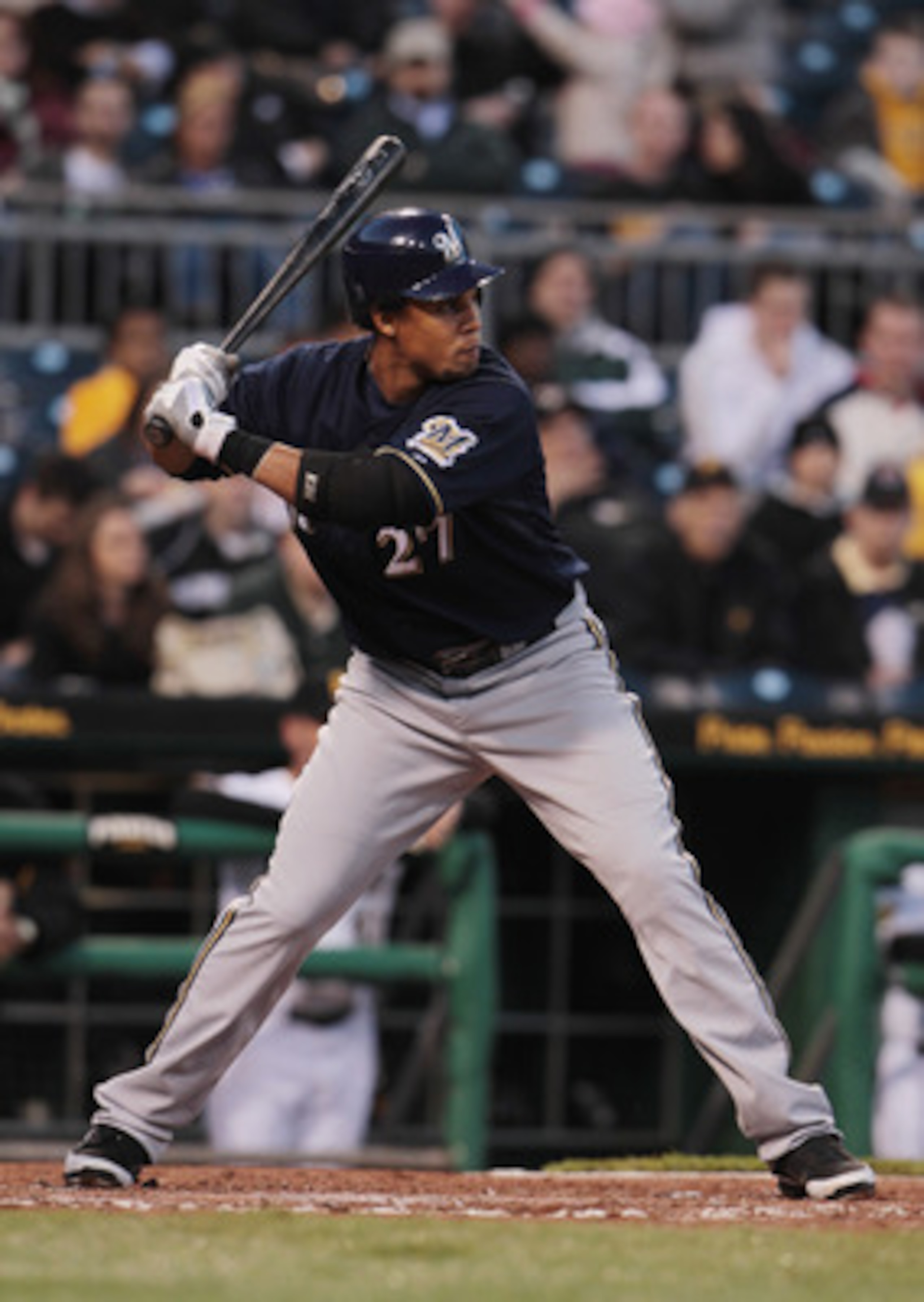 PITTSBURGH, PA - APRIL 13: Carlos Gomez #27 of the Milwaukee Brewers at bat during their game against the Pittsburgh Pirates at PNC Park on April 13, 2011 in Pittsburgh, Pennsylvania. (Photo by Scott Halleran/Getty Images) PITTSBURGH, PA - APRIL 13: Carlos Gomez #27 of the Milwaukee Brewers at bat during their game against the Pittsburgh Pirates at PNC Park on April 13, 2011 in Pittsburgh, Pennsylvania. (Photo by Scott Halleran/Getty Images)