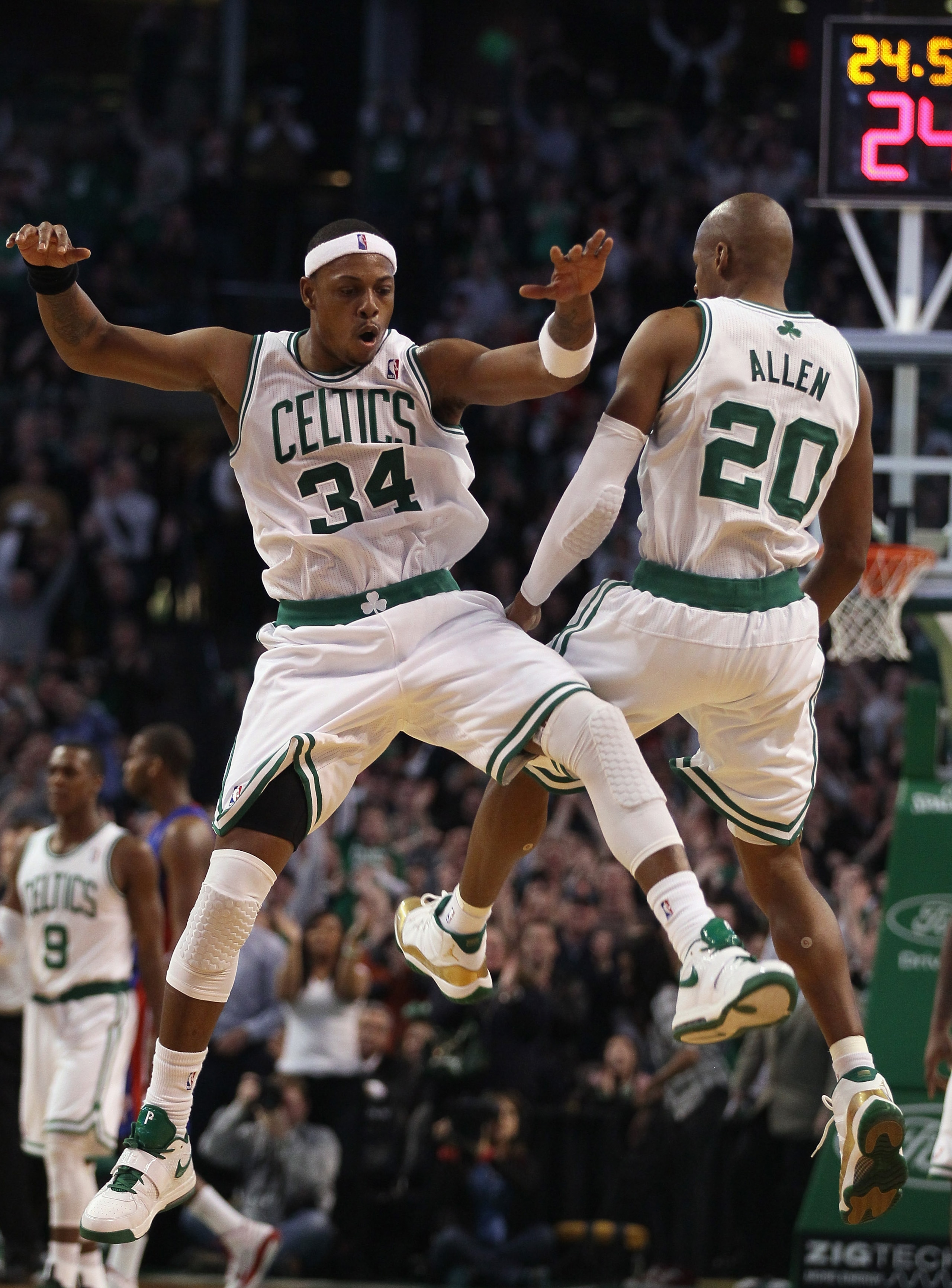 BOSTON, MA - JANUARY 19: Ray Allen #20 of the Boston Celtics celebrates his game winning shot with teammate Paul Pierce #34 during the final seconds of the game against the Detroit Pistons on January 19, 2011 at the TD Garden in Boston, Massachusetts. Th BOSTON, MA - JANUARY 19: Ray Allen #20 of the Boston Celtics celebrates his game winning shot with teammate Paul Pierce #34 during the final seconds of the game against the Detroit Pistons on January 19, 2011 at the TD Garden in Boston, Massachusetts. Th