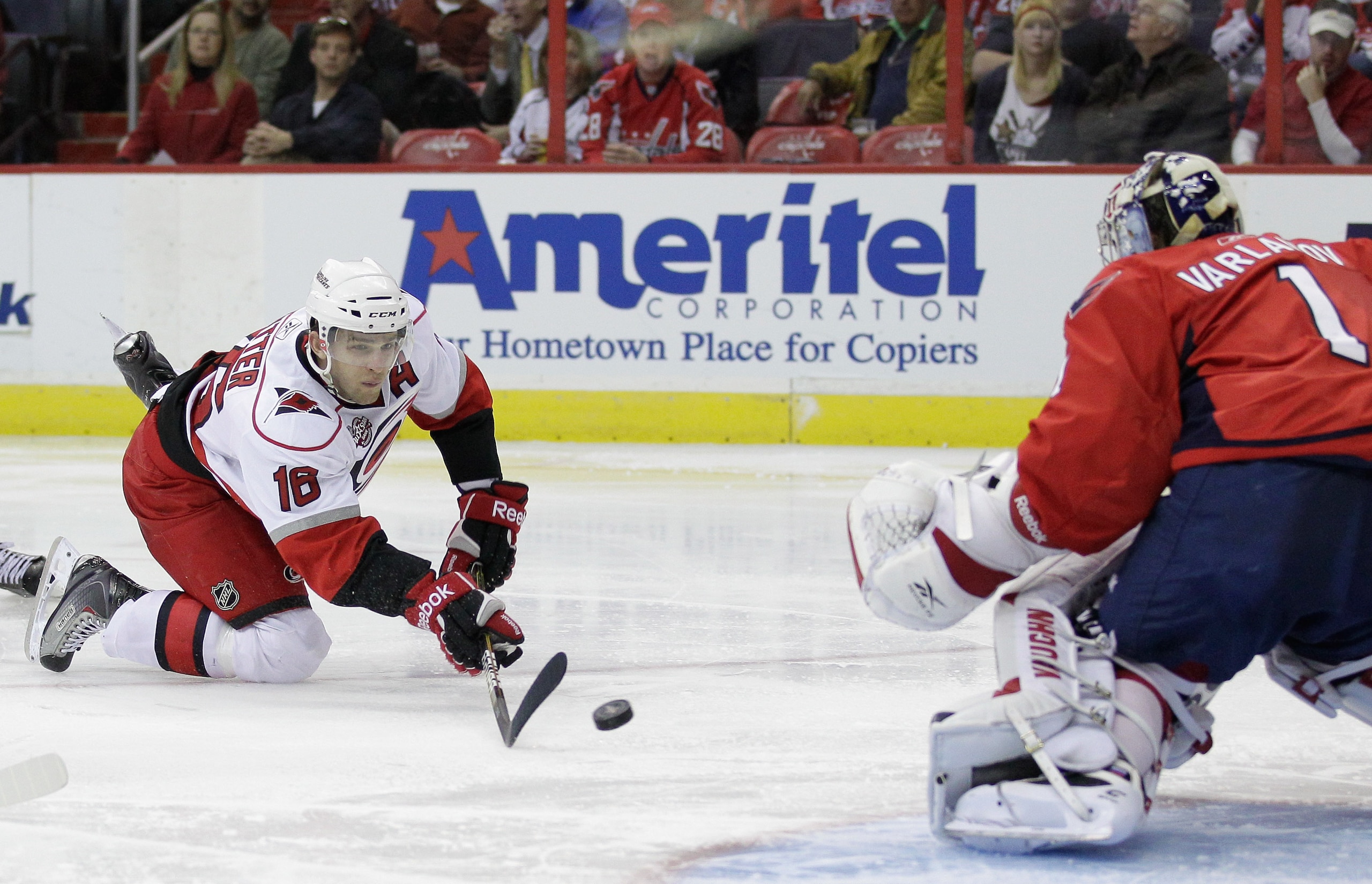 WASHINGTON, DC - MARCH 29:  Brandon Sutter #16 of the Carolina Hurricanes shots on goalie Semyon Varlamov #1 of the Washington Capitals during the second period at the Verizon Center on March 29, 2011 in Washington, DC.  (Photo by Rob Carr/Getty Images)