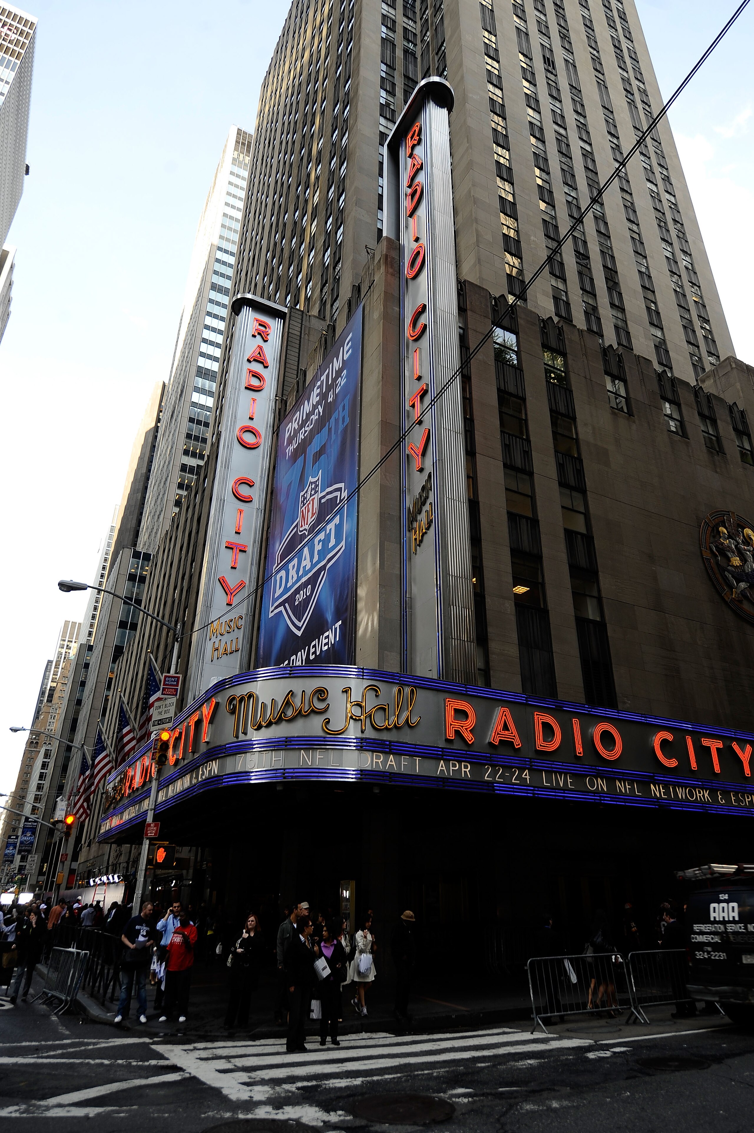 NEW YORK - APRIL 22:  A exterior view of Radio City Music Hall during the 2010 NFL Draft at Radio City Music Hall on April 22, 2010 in New York City.  (Photo by Jeff Zelevansky/Getty Images)
