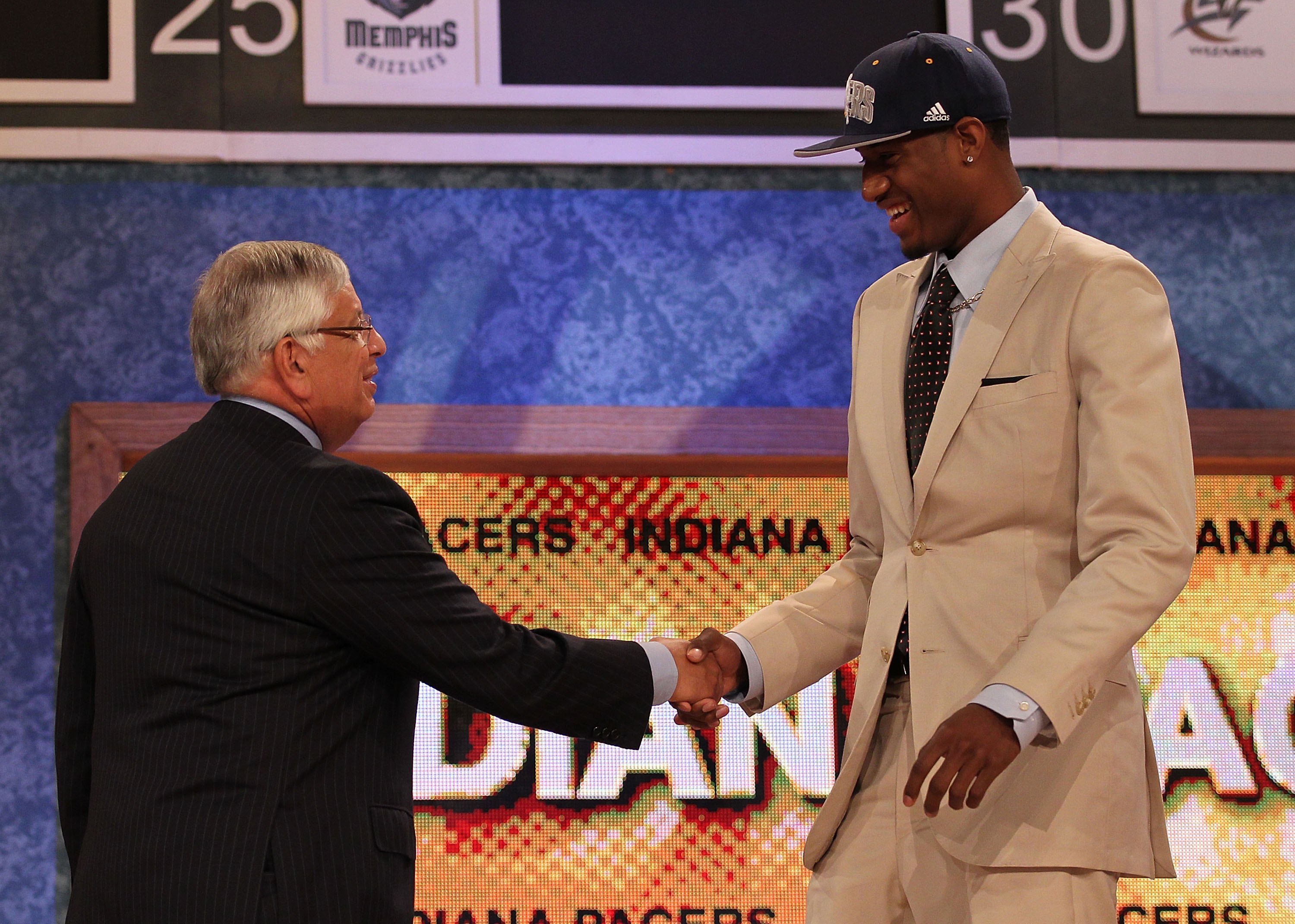 NEW YORK - JUNE 24: Paul George stands with NBA Commisioner David Stern after being drafted tenth by The Indiana Pacers at Madison Square Garden on June 24, 2010 in New York, New York. (Photo by Al Bello/Getty Images)