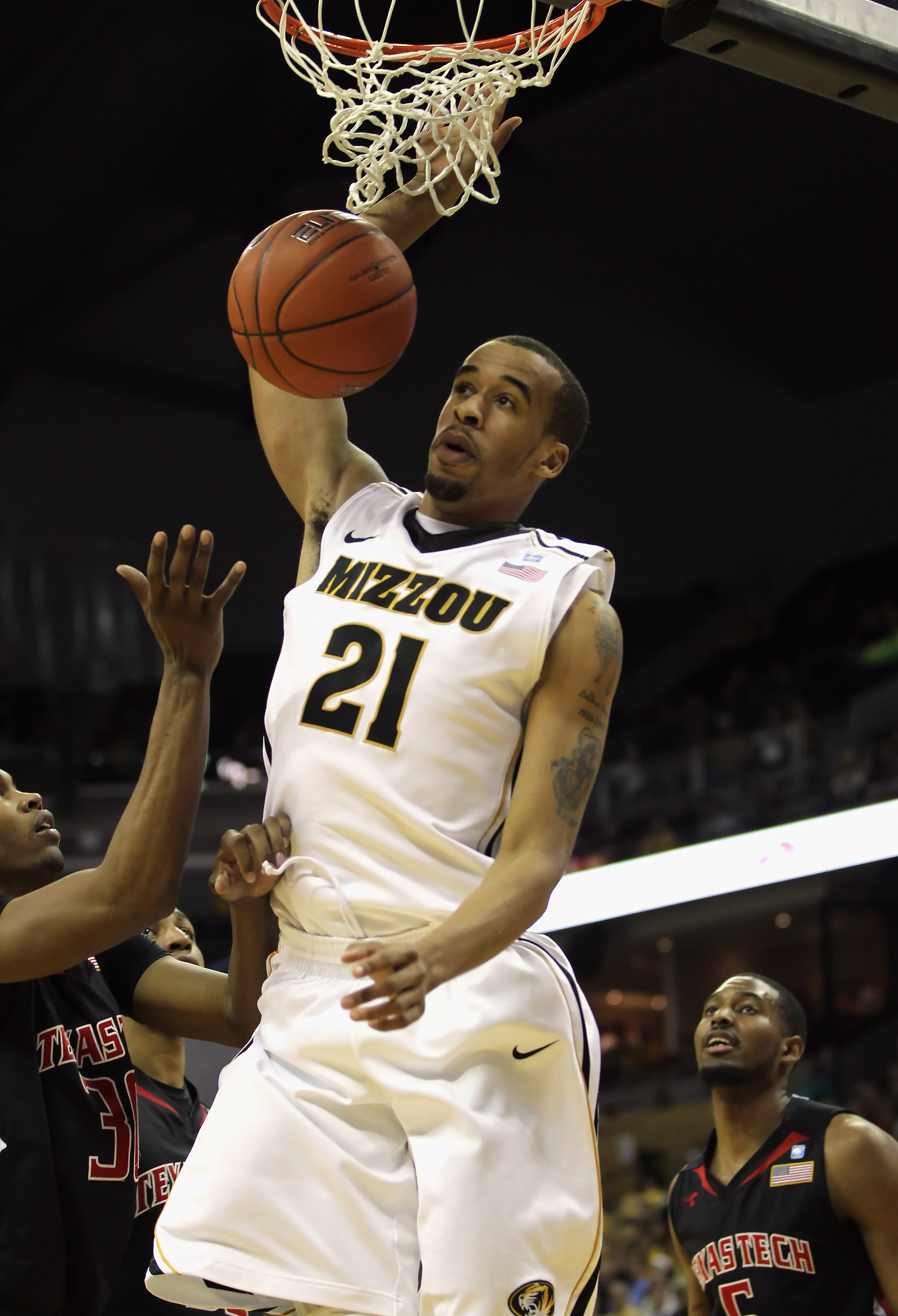 COLUMBIA, MO - FEBRUARY 15: Laurence Bowers #21 of the Missouri Tigers scores during the game against the Texas Tech Red Raiders on February 15, 2011 at Mizzou Arena in Columbia, Missouri. (Photo by Jamie Squire/Getty Images)