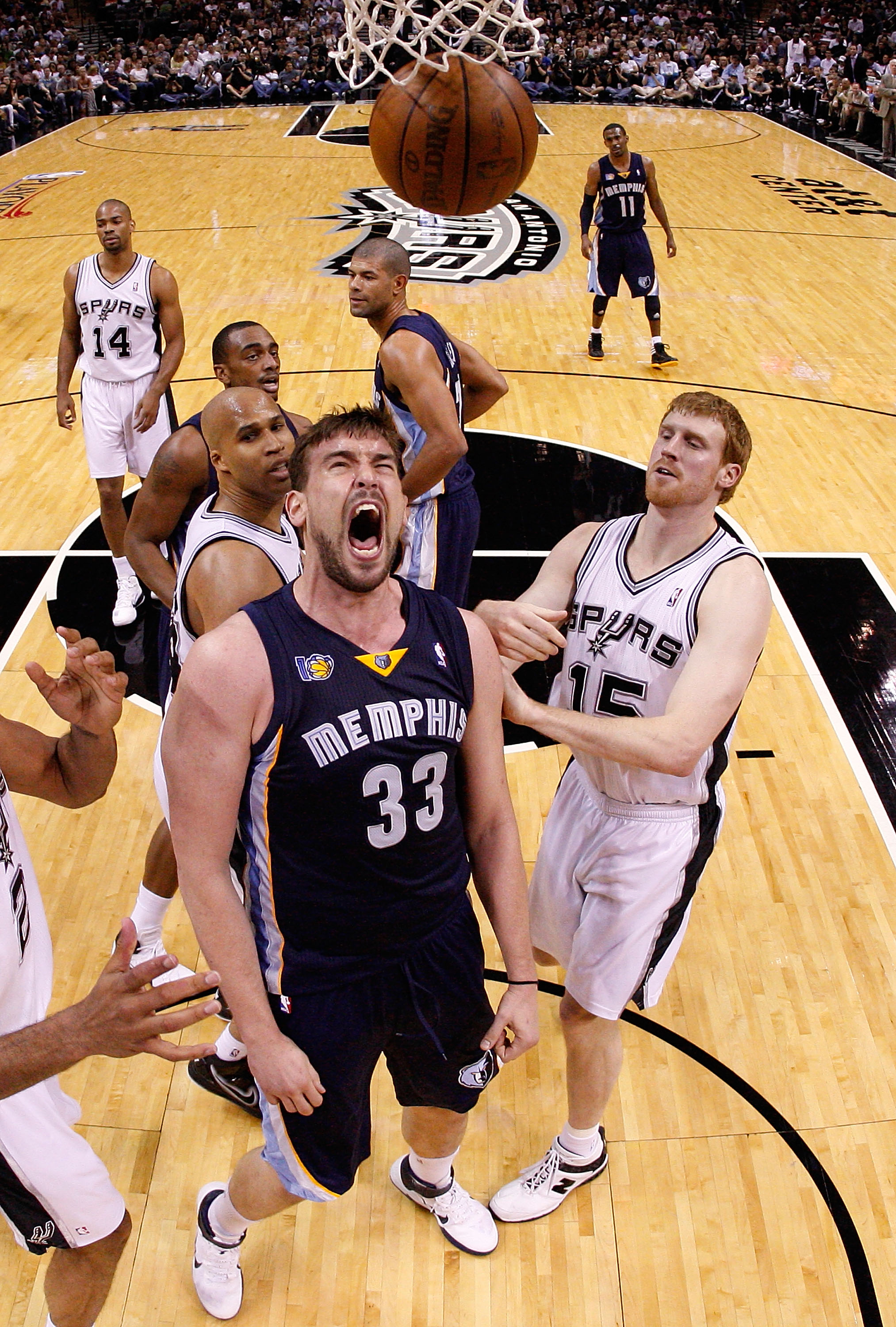 SAN ANTONIO, TX - APRIL 17:  Center Marc Gasol #33 of the Memphis Grizzlies reacts against the San Antonio Spurs in Game One of the Western Conference Quarterfinals in the 2011 NBA Playoffs on April 17, 2011 at AT&T Center in San Antonio, Texas.  NOTE TO