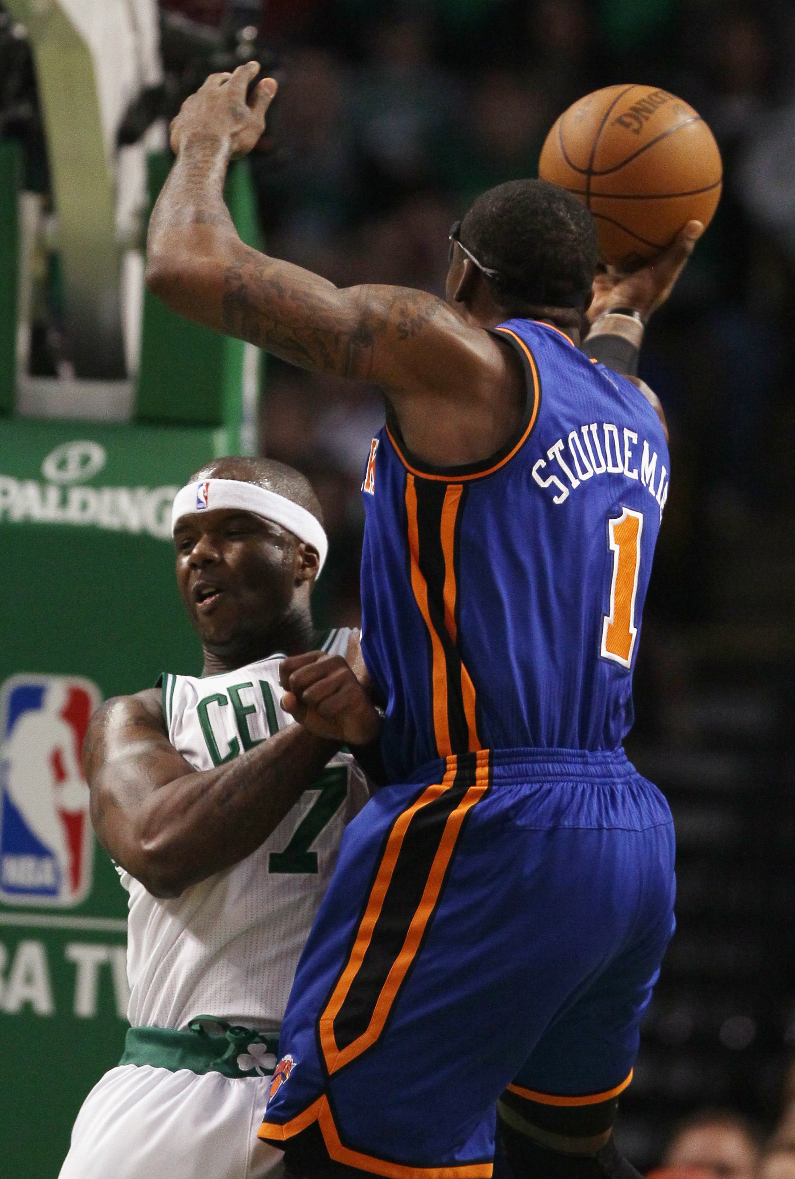 BOSTON, MA - APRIL 17:  Amare Stoudemire #1 of the New York Knicks runs into Jermaine O'Neal #7 of the Boston Celtics in Game One of the Eastern Conference Quarterfinals in the 2011 NBA Playoffs on April 17, 2011 at the TD Garden in Boston, Massachusetts.