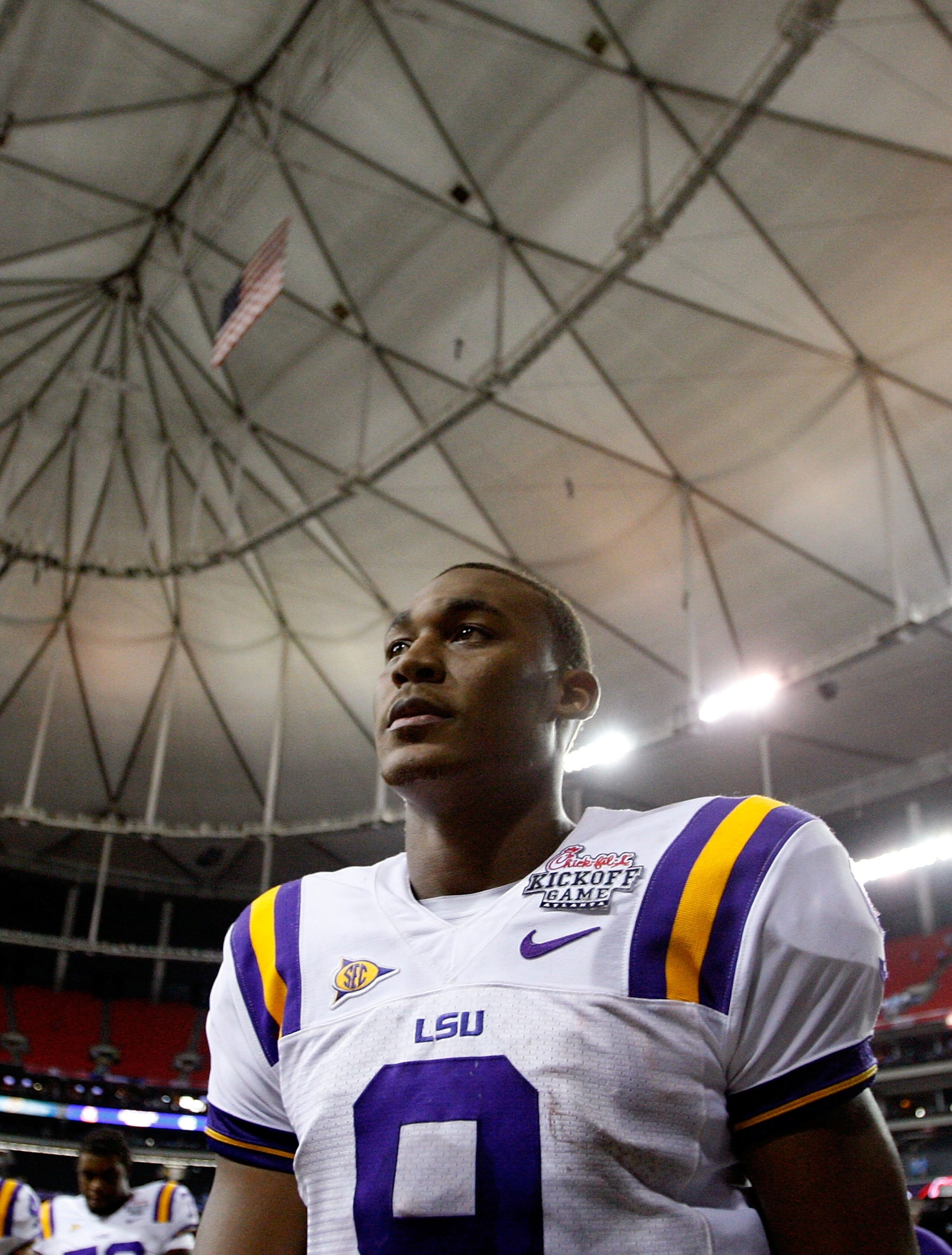 ATLANTA - SEPTEMBER 04:  Quarterback Jordan Jefferson #9 of the LSU Tigers against the North Carolina Tar Heels during the Chick-fil-A Kickoff Game at Georgia Dome on September 4, 2010 in Atlanta, Georgia.  (Photo by Kevin C. Cox/Getty Images)