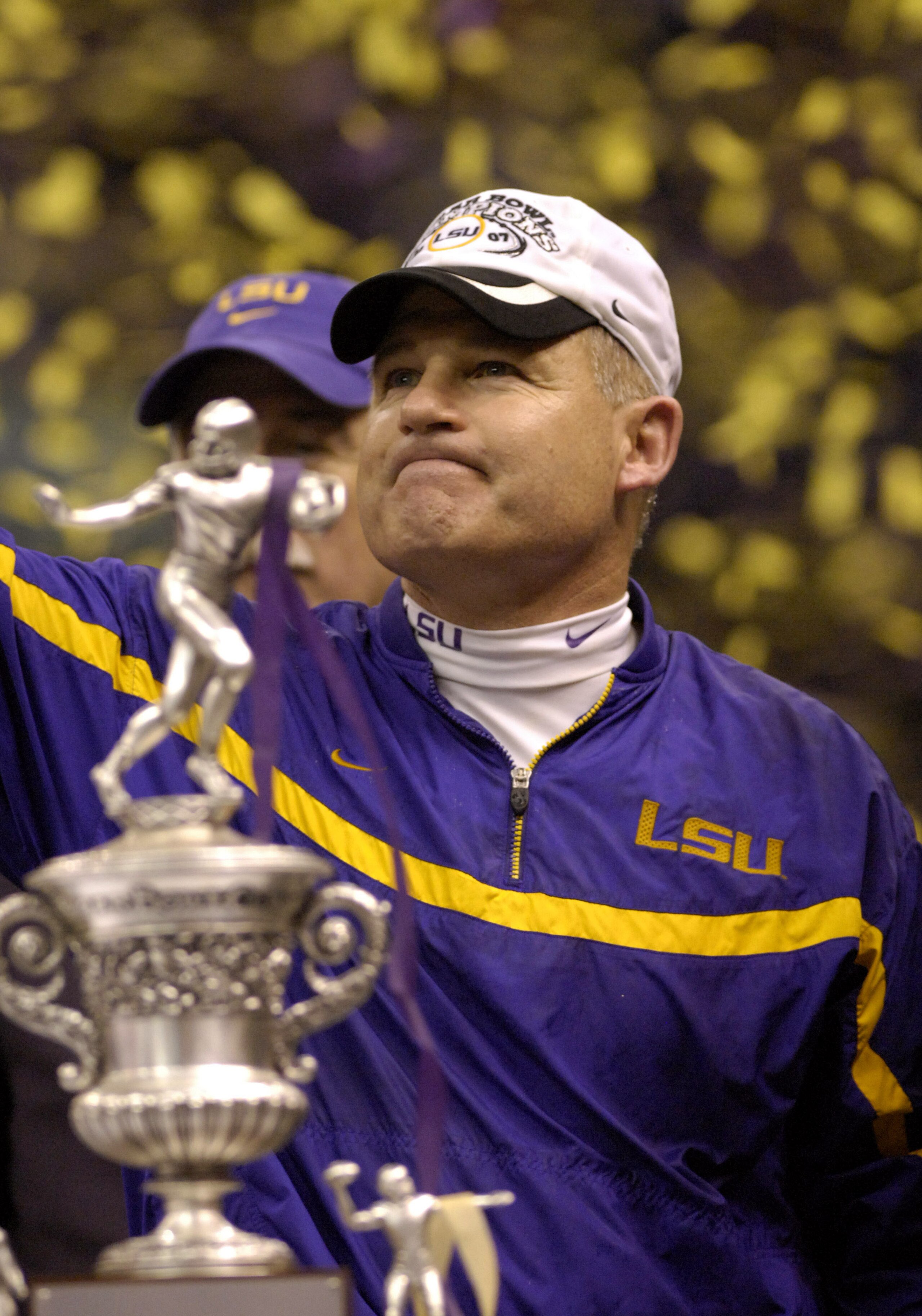 LSU coach Les Miles with the championship trophy after a win against Notre Dame in the Allstate Sugar Bowl at the Superdome in New Orleans, Louisiana on January 3, 2007.  LSU won 41 - 14. (Photo by A. Messerschmidt/Getty Images)