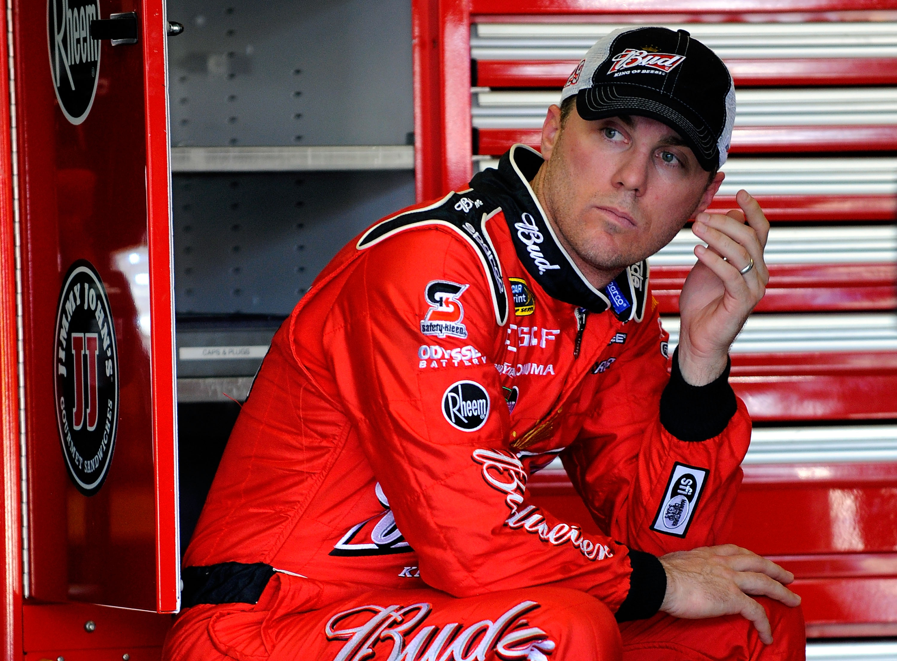 FORT WORTH, TX - APRIL 08:  Kevin Harvick, driver of the #29 Budweiser Chevrolet, sits in the garage during practice for the NASCAR Sprint Cup Series Samsung Mobile 500 at Texas Motor Speedway on April 8, 2011 in Fort Worth, Texas.  (Photo by Jared C. Til