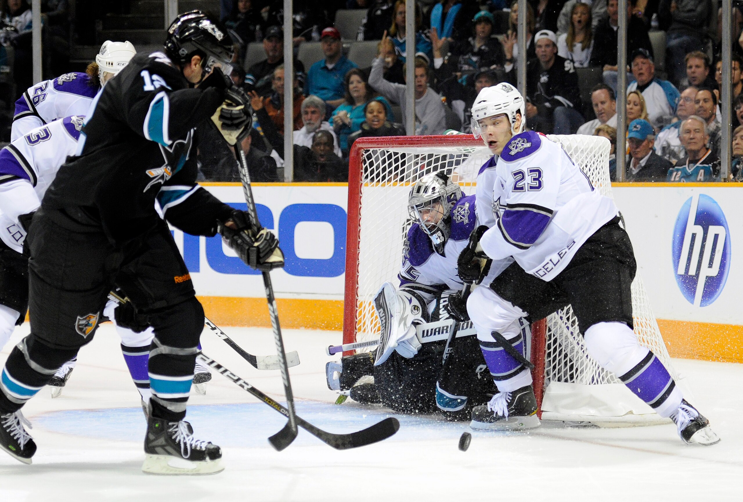 SAN JOSE, CA - APRIL 16: Dustin Brown #23 of the Los Angeles Kings gets called for a tripping penalty on Joe Pavelski #8 of the San Jose Sharks in Game Two of the Western Conference Quarterfinals during the 2011 NHL Stanley Cup Playoffs at the HP Pavilion