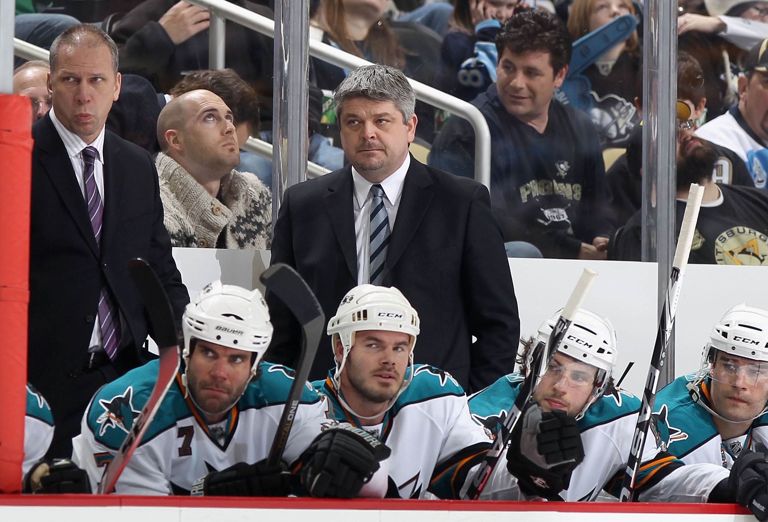PITTSBURGH, PA - FEBRUARY 23:  Head coach Todd McLellan of the San Jose Sharks watches from the bench during the NHL game against the Pittsburgh Penguins at Consol Energy Center on February 23, 2011 in Pittsburgh, Pennsylvania.  The Sharks defeated the Pe