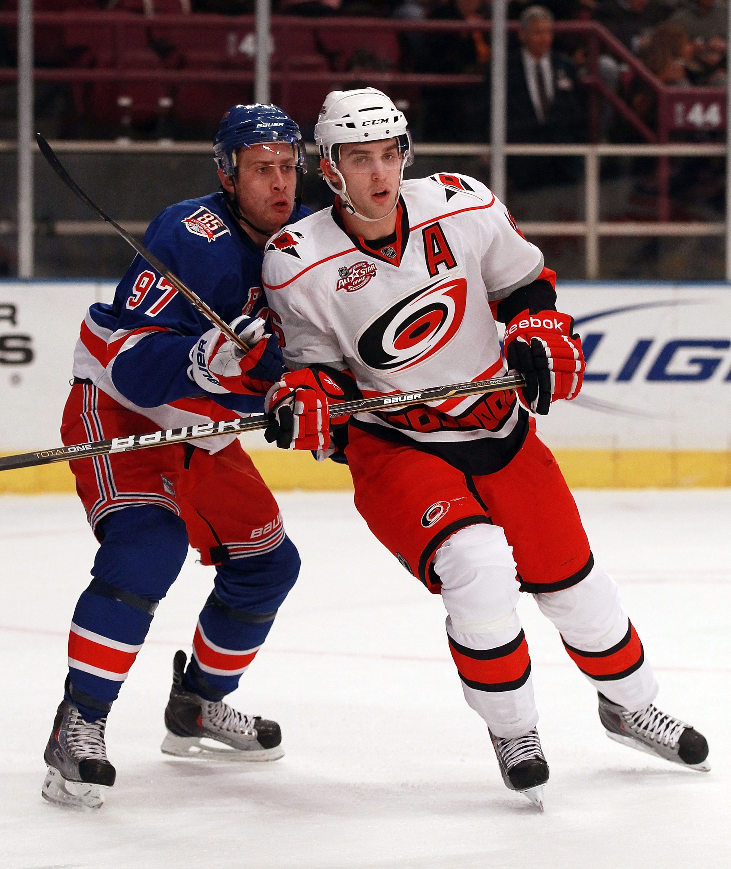 NEW YORK, NY - JANUARY 05:  Brandon Sutter #16 of the Carolina Hurricanes skates against Matt Gilroy #97 of the New York Rangers at Madison Square Garden on January 5, 2011 in New York City. The Rangers defeated the Hurricanes 2-1 in overtime.  (Photo by
