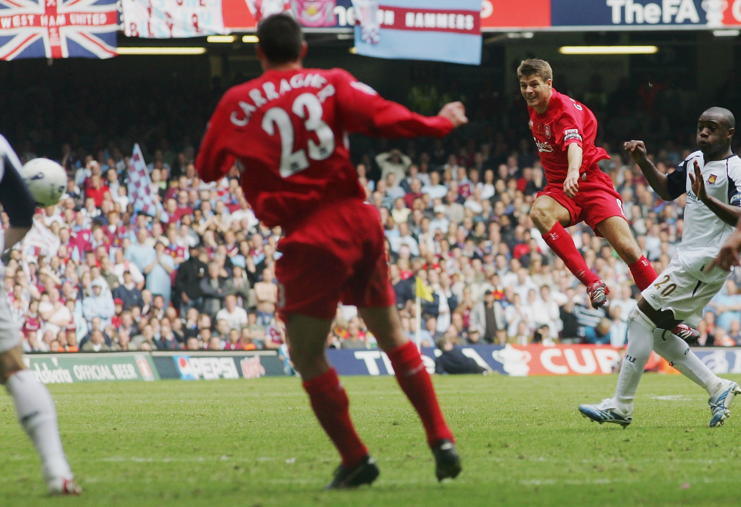CARDIFF, UNITED KINGDOM - MAY 13:  Steven Gerrard of Liverpool shoots and scores his sides third goal during the FA Cup Final match between Liverpool and West Ham United at the Millennium Stadium on May 13, 2006 in Cardiff, Wales.  (Photo by Stu Forster/G