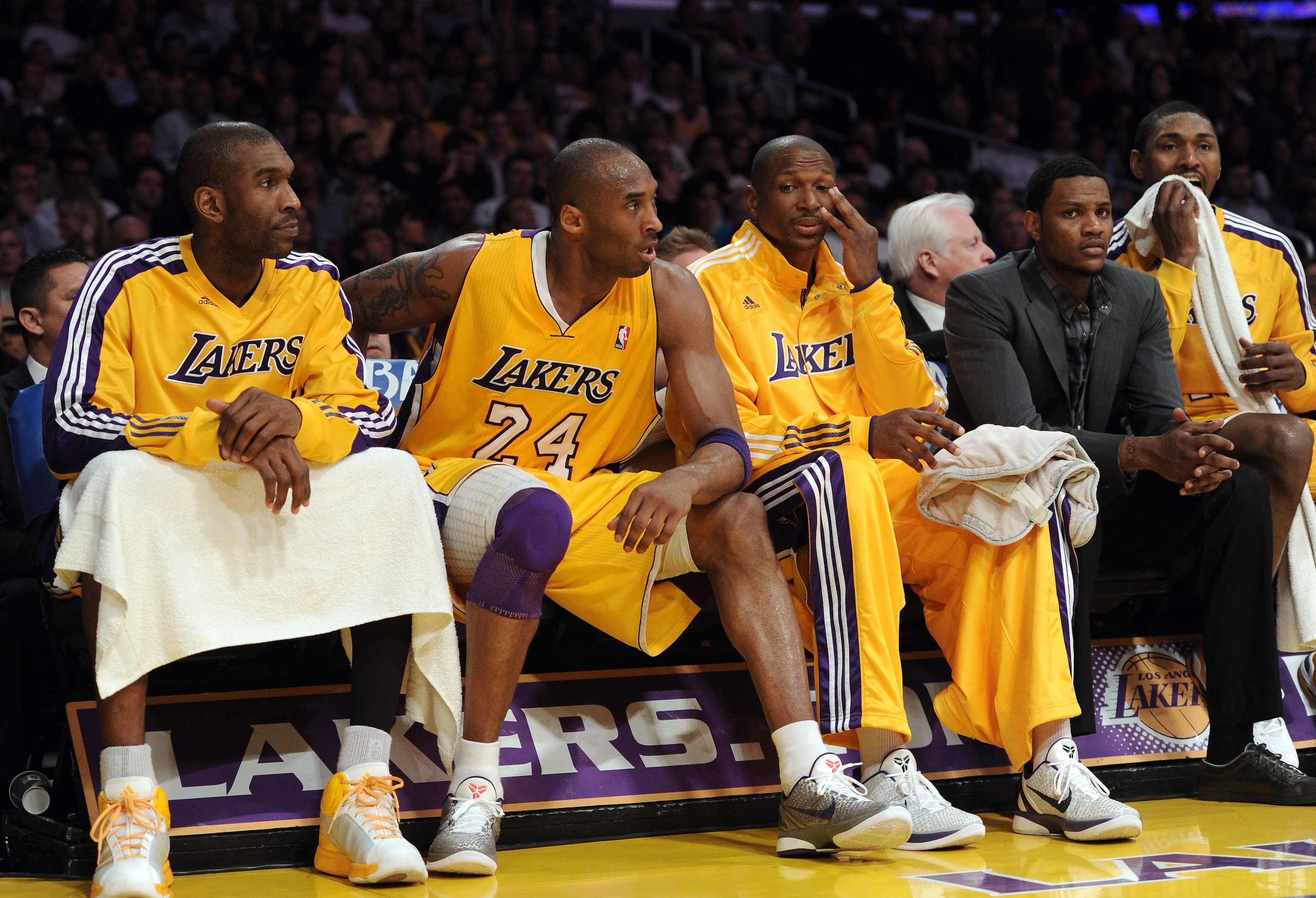 LOS ANGELES, CA - APRIL 12:  Kobe Bryant #24 of the Los Angeles Lakers sits on the bench after he is called for a technical foul at Staples Center on April 12, 2011 in Los Angeles, California.  NOTE TO USER: User expressly acknowledges and agrees that, by