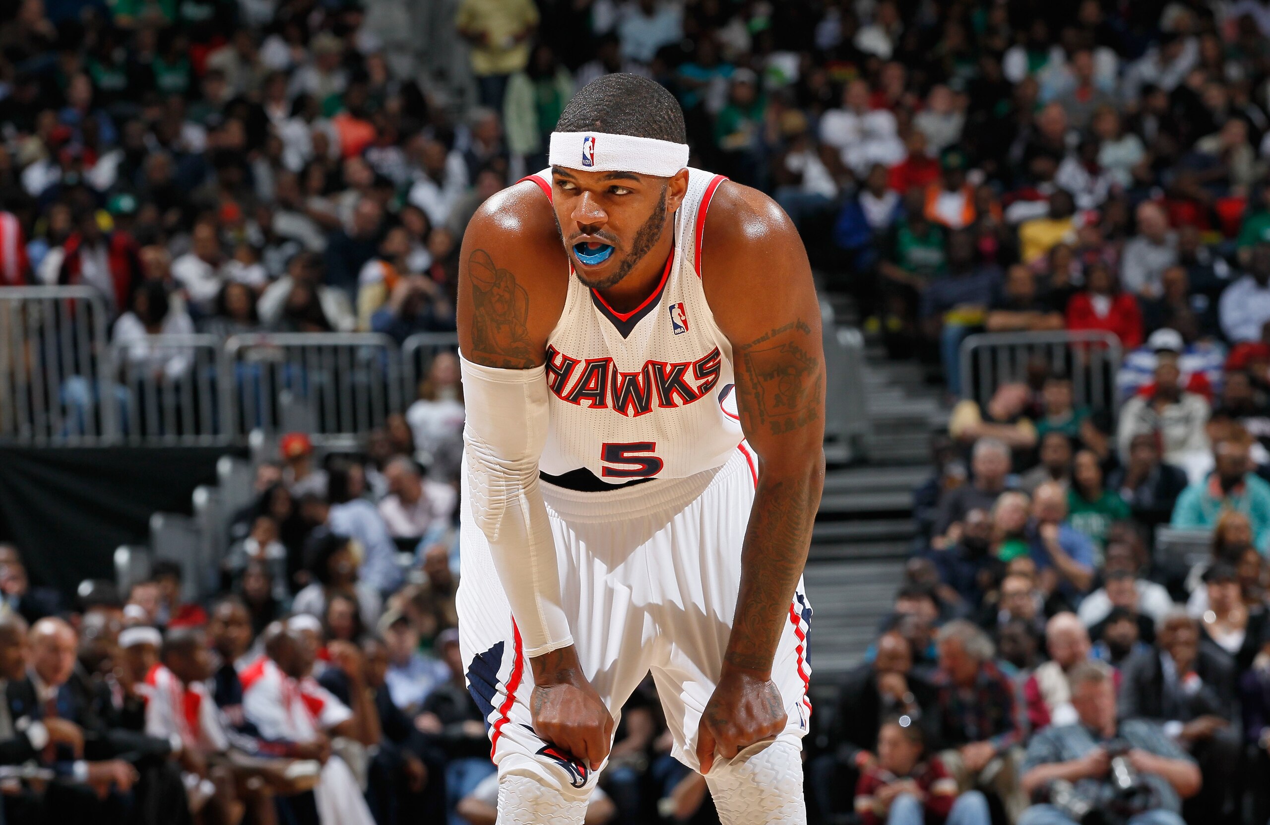 ATLANTA, GA - APRIL 01: Josh Smith #5 of the Atlanta Hawks against the Boston Celtics at Philips Arena on April 1, 2011 in Atlanta, Georgia. NOTE TO USER: User expressly acknowledges and agrees that, by downloading and/or using this Photograph, user is ATLANTA, GA - APRIL 01: Josh Smith #5 of the Atlanta Hawks against the Boston Celtics at Philips Arena on April 1, 2011 in Atlanta, Georgia. NOTE TO USER: User expressly acknowledges and agrees that, by downloading and/or using this Photograph, user is