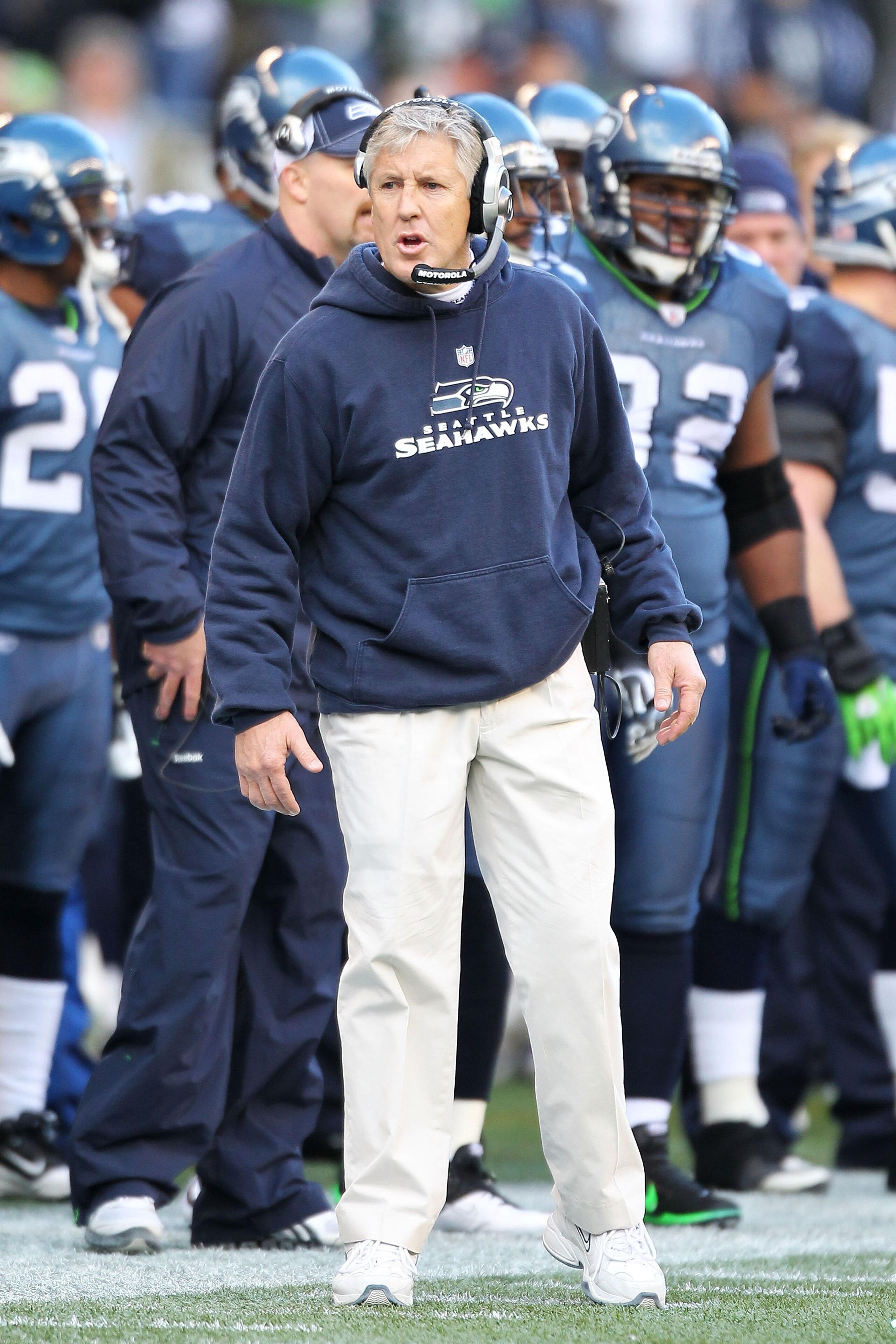 SEATTLE, WA - JANUARY 08:  Head coach Pete Carroll of the Seattle Seahawks reacts against the New Orleans Saints during the 2011 NFC wild-card playoff game at Qwest Field on January 8, 2011 in Seattle, Washington.  (Photo by Otto Greule Jr/Getty Images)