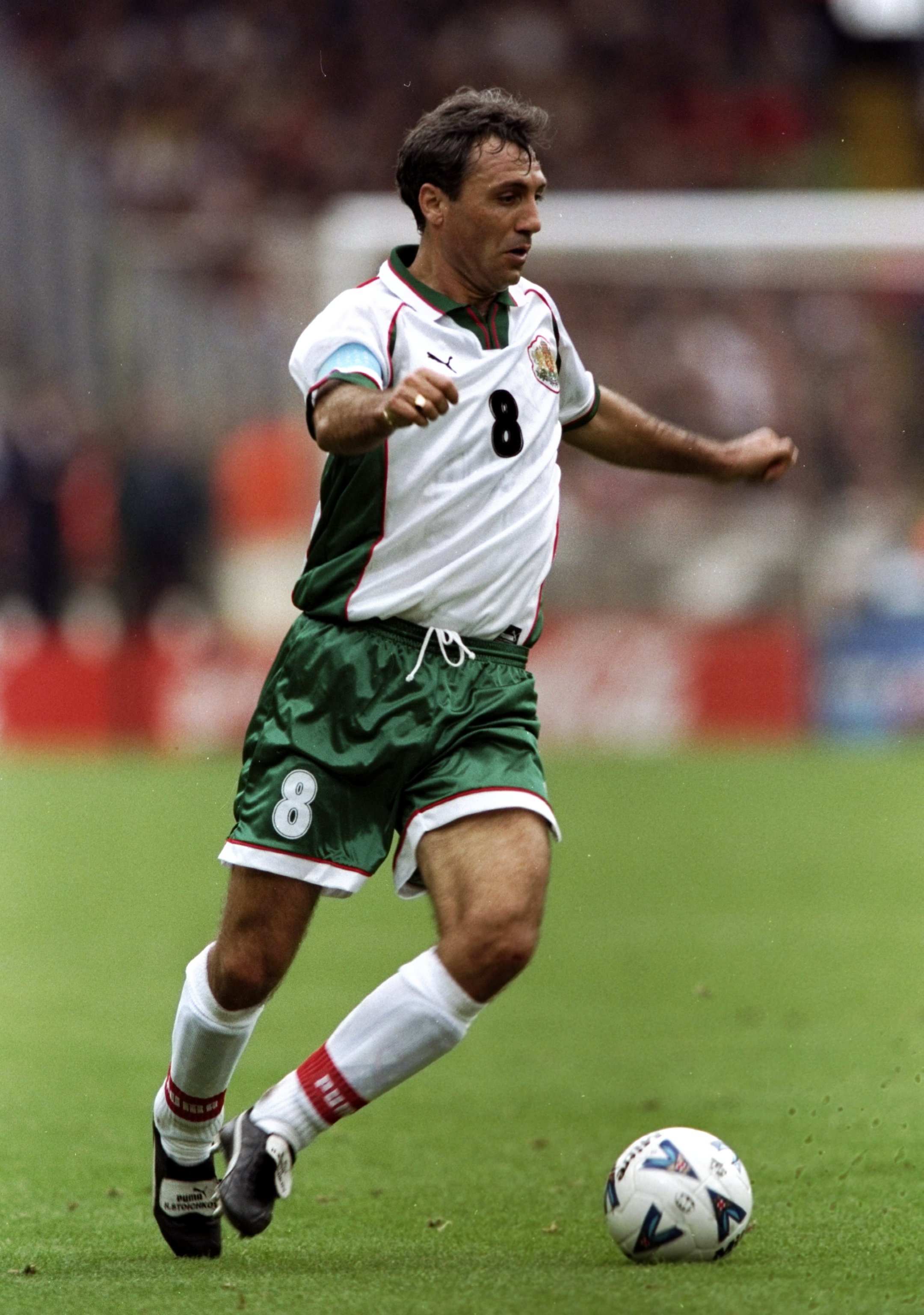 10 Oct 1998:  Hristo Stoichkov of Bulgaria in action during the European Championship qualifier against England at Wembley in London. The game ended 0-0. \ Mandatory Credit: Ben Radford /Allsport