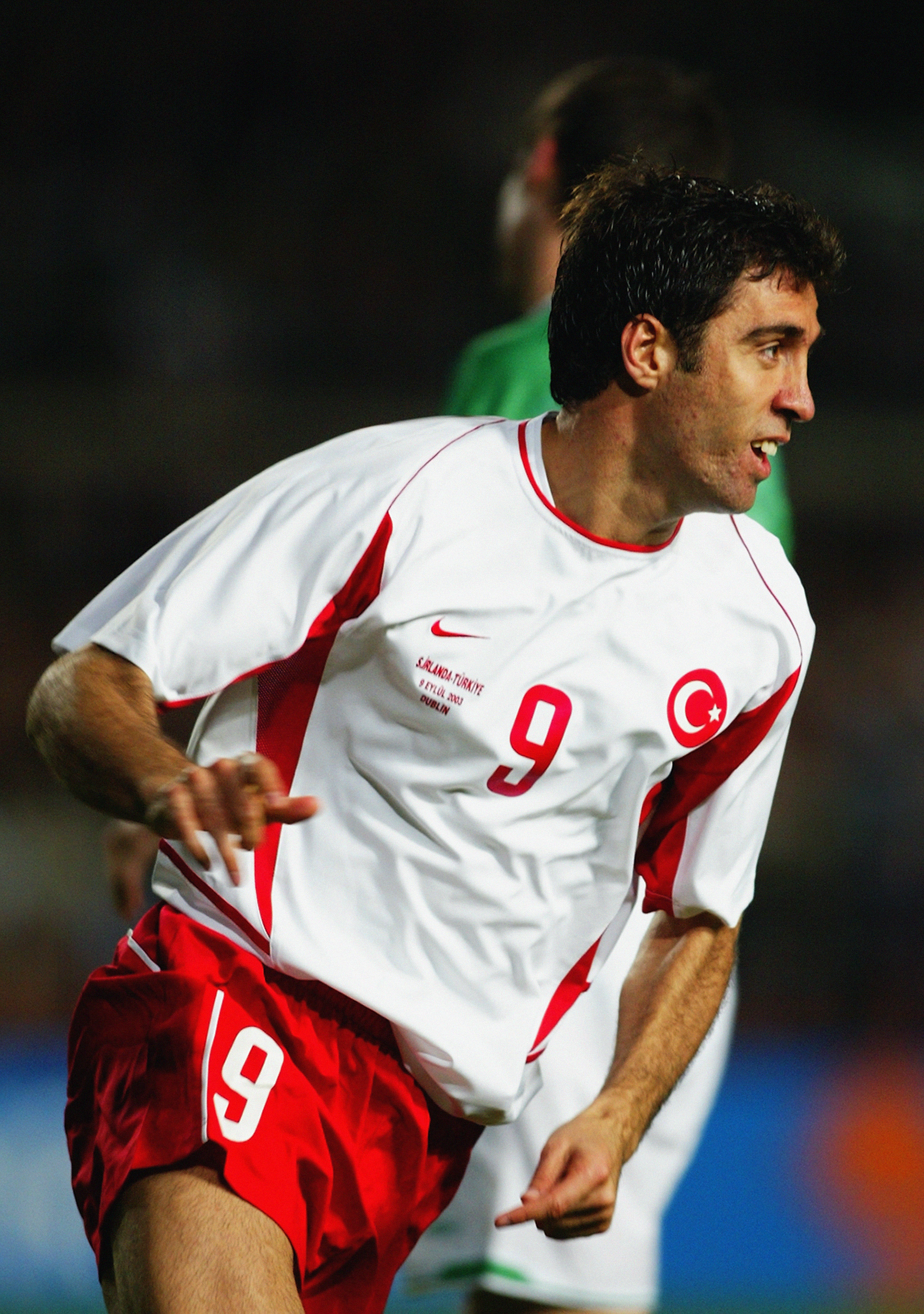 DUBLIN - SEPTEMBER 9:  Hakan Sukur of Turkey celebrates his goal during the International Friendly match between Republic of Ireland and Turkey held on September 9, 2003 at Lansdowne Road, in Dublin, Ireland. The match ended in a 2-2 draw. (Photo by Phil