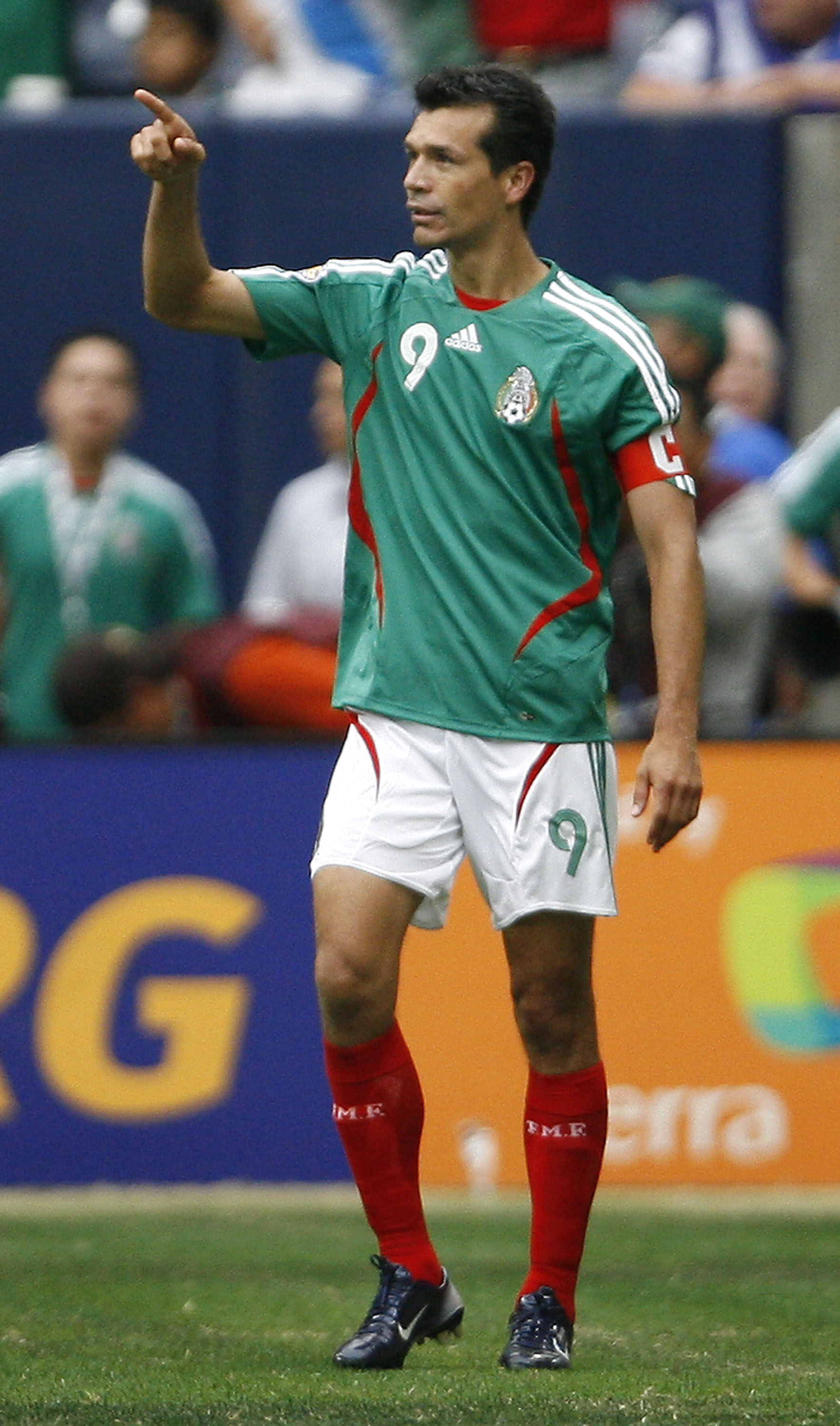HOUSTON - JUNE 17: Jared Borgetti #9 of Mexico acknowledges the crowd as he celebrates scoring a goal against Costa Rica during their quarterfinal match of the CONCACAF Gold Cup 2007 tournament at Reliant Stadium June 17, 2007 in Houston, Texas. Mexico de