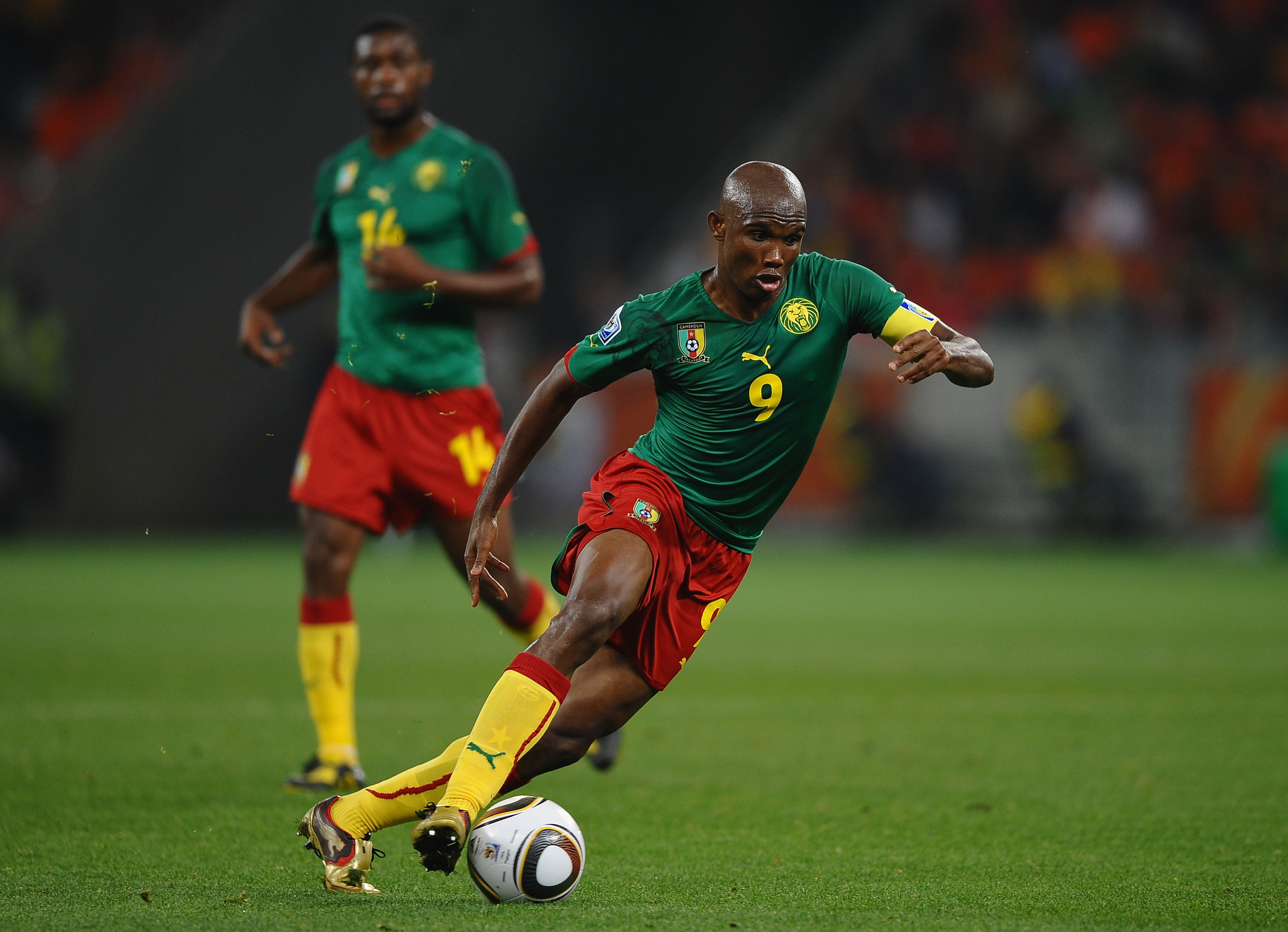 CAPE TOWN, SOUTH AFRICA - JUNE 24:  Samuel Eto'o of Cameroon runs with the ball during the 2010 FIFA World Cup South Africa Group E match between Cameroon and Netherlands at Green Point Stadium on June 24, 2010 in Cape Town, South Africa.  (Photo by Laure