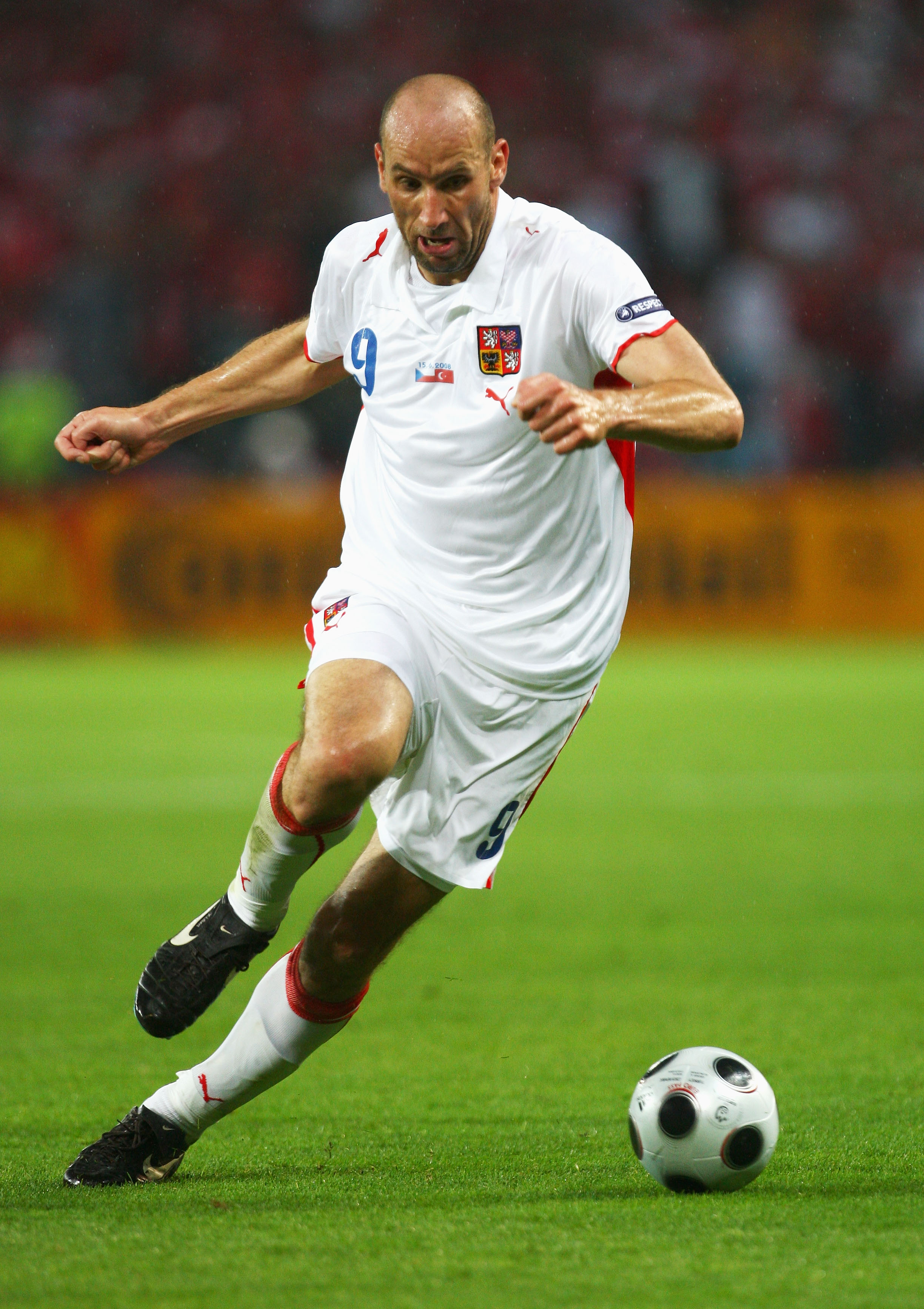 GENEVA - JUNE 15: Jan Koller of Czech Republic runs with the ball during the UEFA EURO 2008 Group A match between Turkey and Czech Republic at Stade de Geneve on June 15, 2008 in Geneva, Switzerland.  (Photo by Laurence Griffiths/Getty Images)