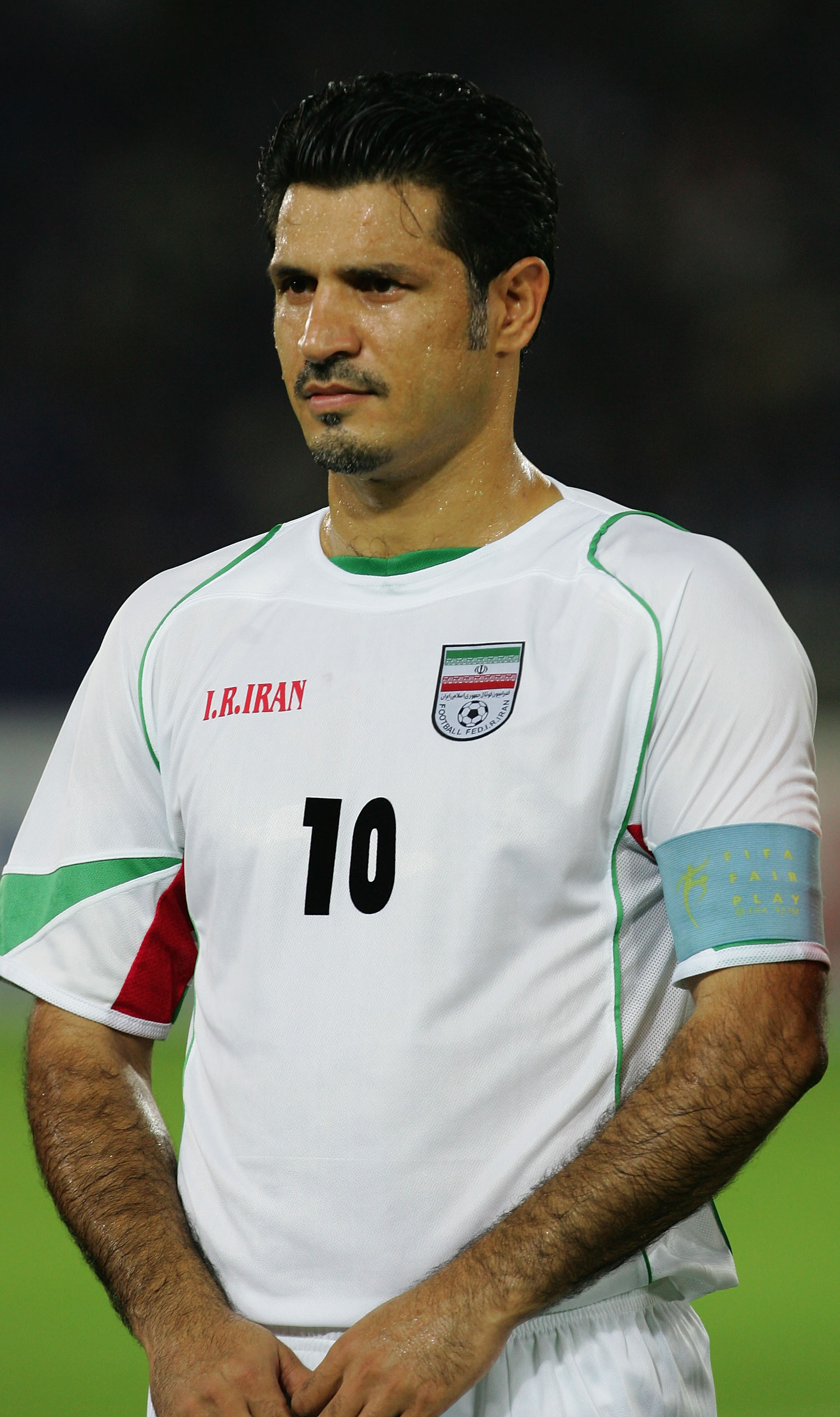 YOKOHAMA, JAPAN - AUGUST 17:  A portrait of Ali Daei of Iran prior to the 2006 Fifa World Cup Asian Qualifiers match between Japan and Iran at the International Stadium on August 17, 2005 in Yokohama, Japan.  (Photo by Laurence Griffiths/Getty Images)