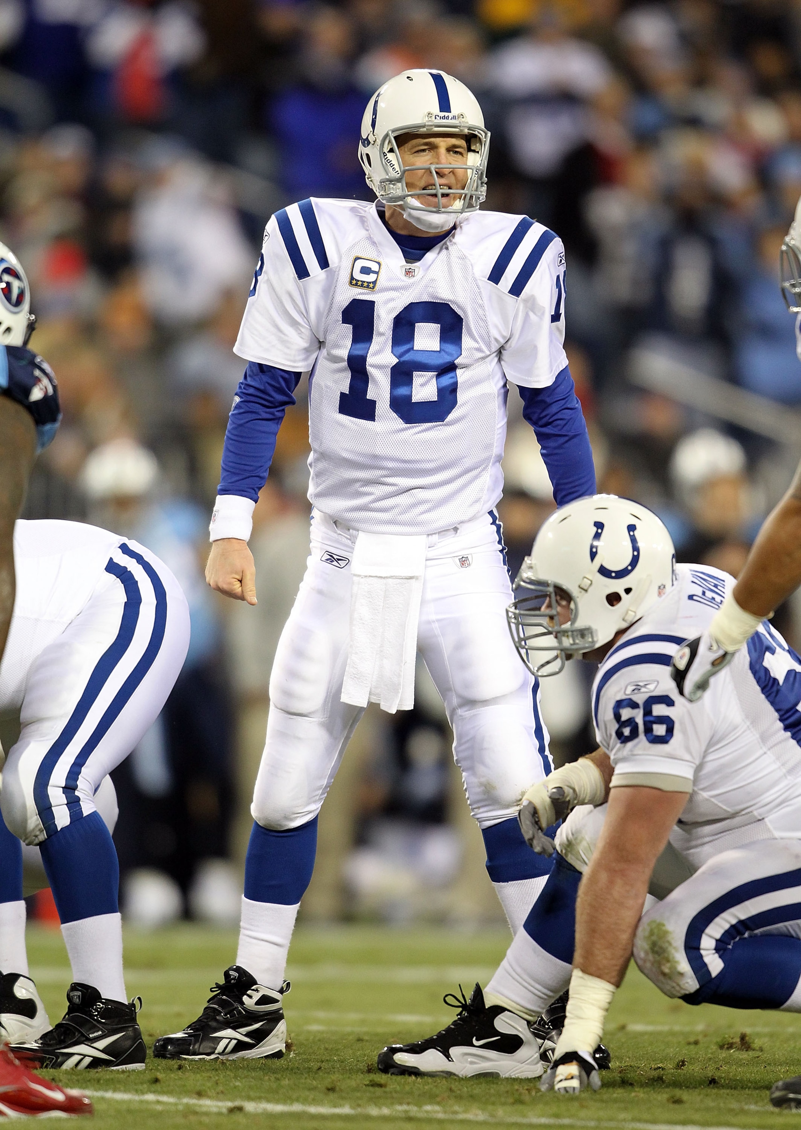 NASHVILLE, TN - DECEMBER 09:  Peyton Manning #18 of the Indianapolis Colts gives instructions to his team during the NFL game against the Tennessee Titans  at LP Field on December 9, 2010 in Nashville, Tennessee.  (Photo by Andy Lyons/Getty Images)