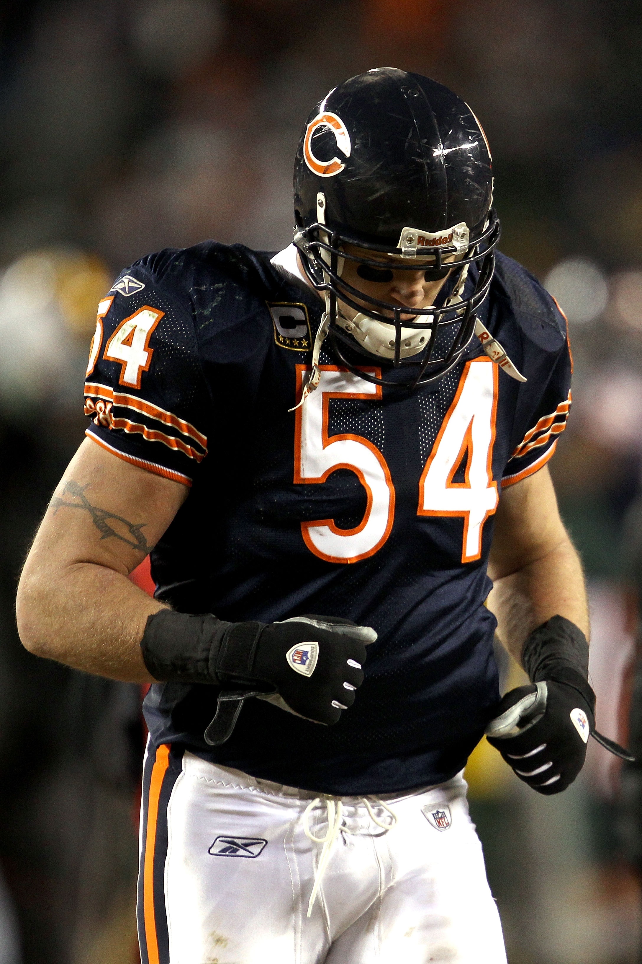 CHICAGO, IL - JANUARY 23: Brian Urlacher #54 of the Chicago Bears runs off the field after the Bears 21-14 loss to the Green Bay Packers in the NFC Championship Game at Soldier Field on January 23, 2011 in Chicago, Illinois. (Photo by Jonathan Daniel/Ge CHICAGO, IL - JANUARY 23: Brian Urlacher #54 of the Chicago Bears runs off the field after the Bears 21-14 loss to the Green Bay Packers in the NFC Championship Game at Soldier Field on January 23, 2011 in Chicago, Illinois. (Photo by Jonathan Daniel/Ge