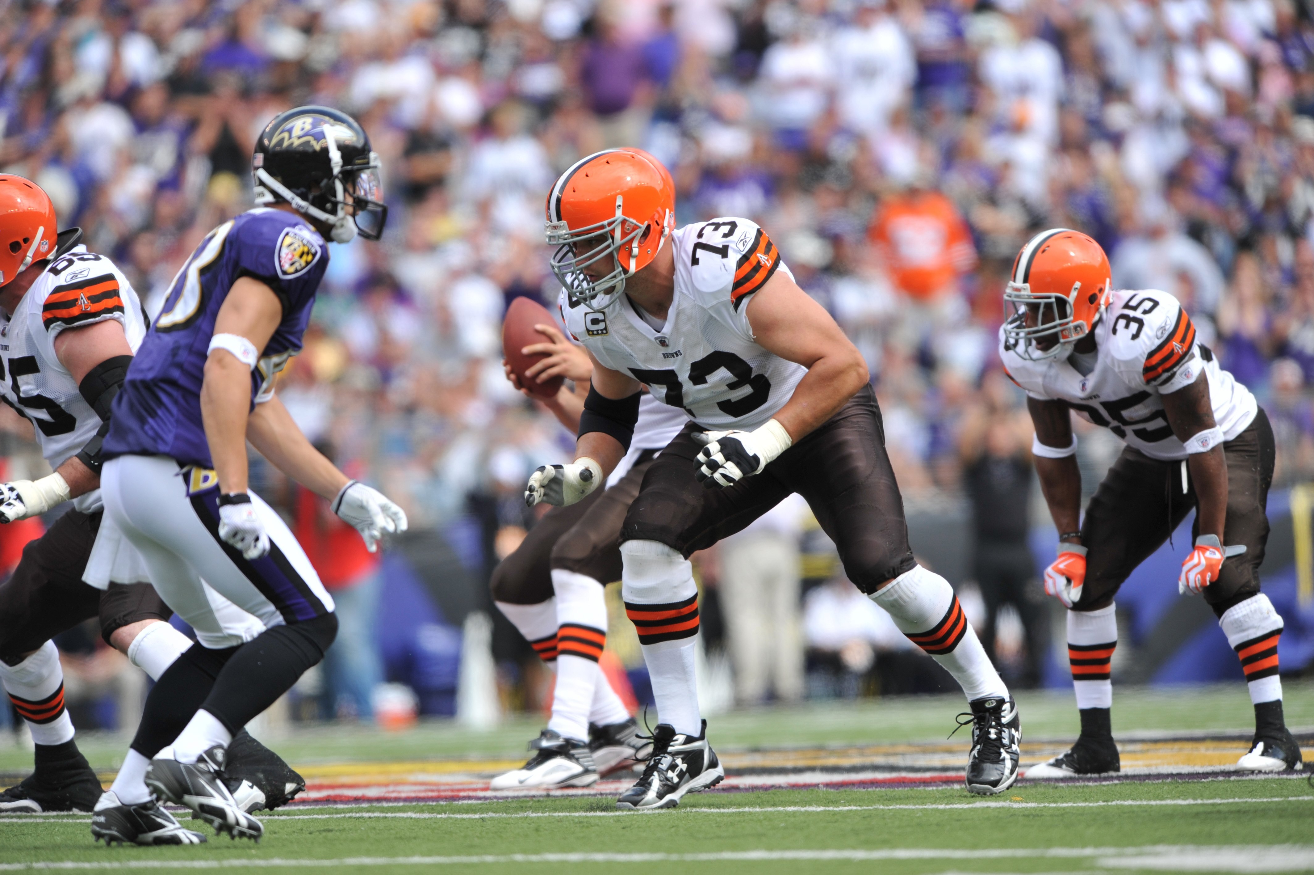 BALTIMORE - SEPTEMBER 27: Joe Thomas #73 of the Cleveland Browns defends against the Baltimore Ravens at M&T Bank Stadium on September 27, 2009 in Baltimore, Maryland. The Ravens defeated the Browns 34-3. (Photo by Larry French/Getty Images) BALTIMORE - SEPTEMBER 27: Joe Thomas #73 of the Cleveland Browns defends against the Baltimore Ravens at M&T Bank Stadium on September 27, 2009 in Baltimore, Maryland. The Ravens defeated the Browns 34-3. (Photo by Larry French/Getty Images)