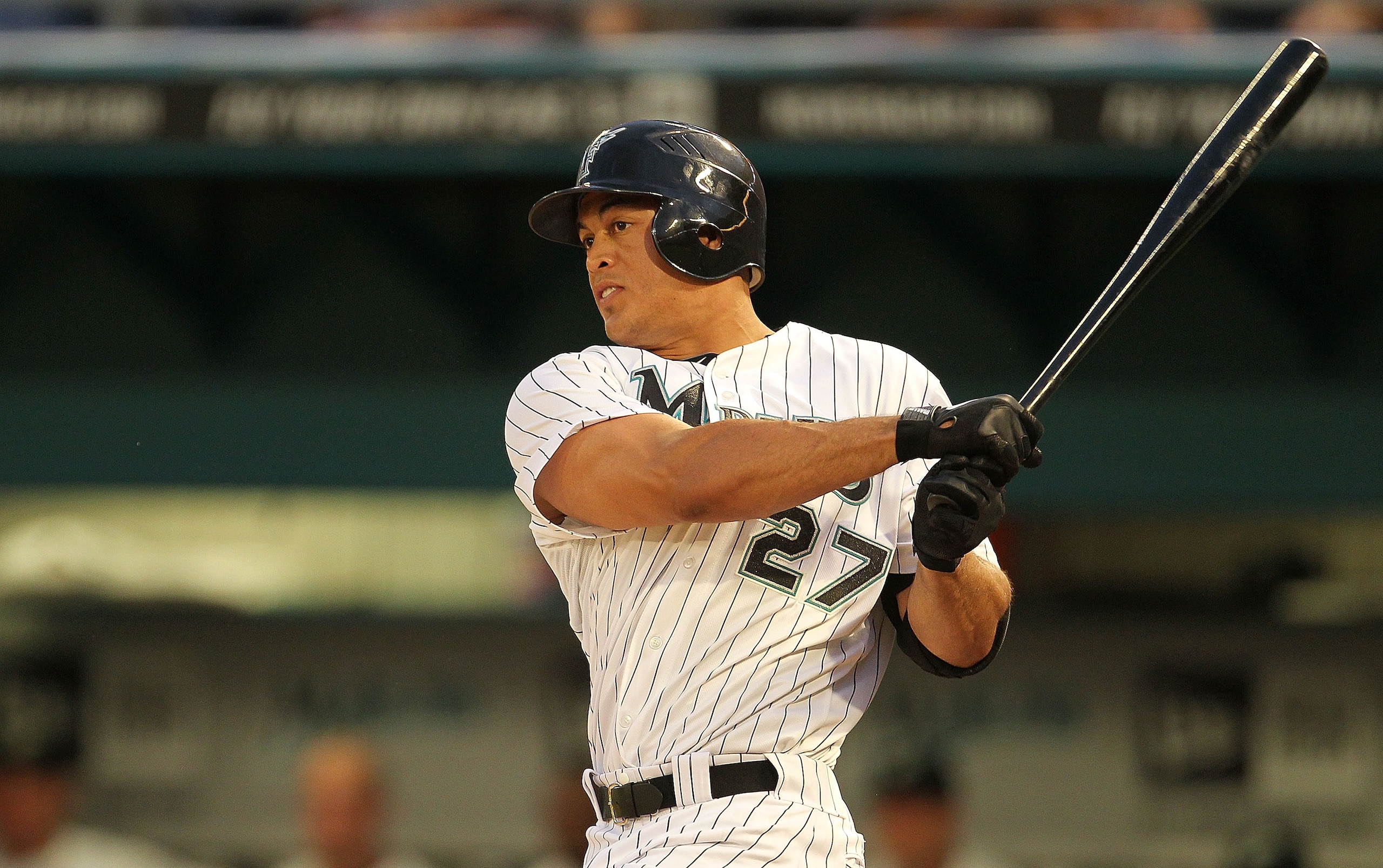 MIAMI GARDENS, FL - APRIL 01: Mike Stanton #27 of the Florida Marlins gets the first Marlins hit of the year, a double, during opening day against the New York Mets at Sun Life Stadium on April 1, 2011 in Miami Gardens, Florida. (Photo by Mike Ehrmann/Ge MIAMI GARDENS, FL - APRIL 01: Mike Stanton #27 of the Florida Marlins gets the first Marlins hit of the year, a double, during opening day against the New York Mets at Sun Life Stadium on April 1, 2011 in Miami Gardens, Florida. (Photo by Mike Ehrmann/Ge