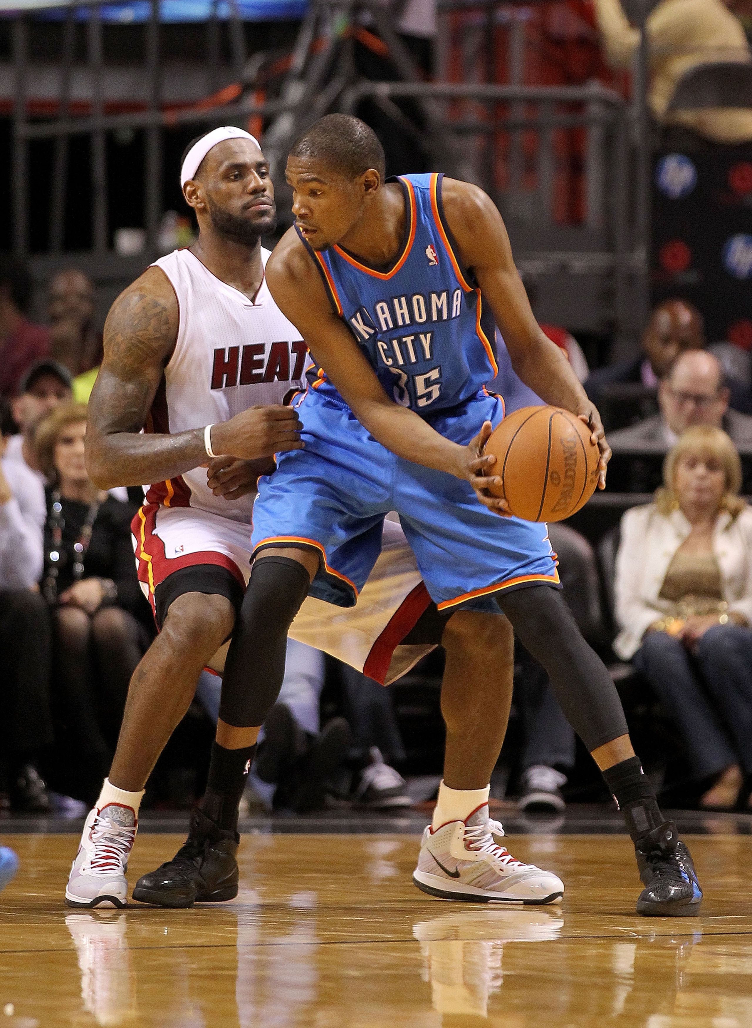 MIAMI, FL - MARCH 16: LeBron James #6 of the Miami Heat guards Kevin Durant #35 of the Oklahoma City Thunder during a game at American Airlines Arena on March 16, 2011 in Miami, Florida. NOTE TO USER: User expressly acknowledges and agrees that, by downl MIAMI, FL - MARCH 16: LeBron James #6 of the Miami Heat guards Kevin Durant #35 of the Oklahoma City Thunder during a game at American Airlines Arena on March 16, 2011 in Miami, Florida. NOTE TO USER: User expressly acknowledges and agrees that, by downl