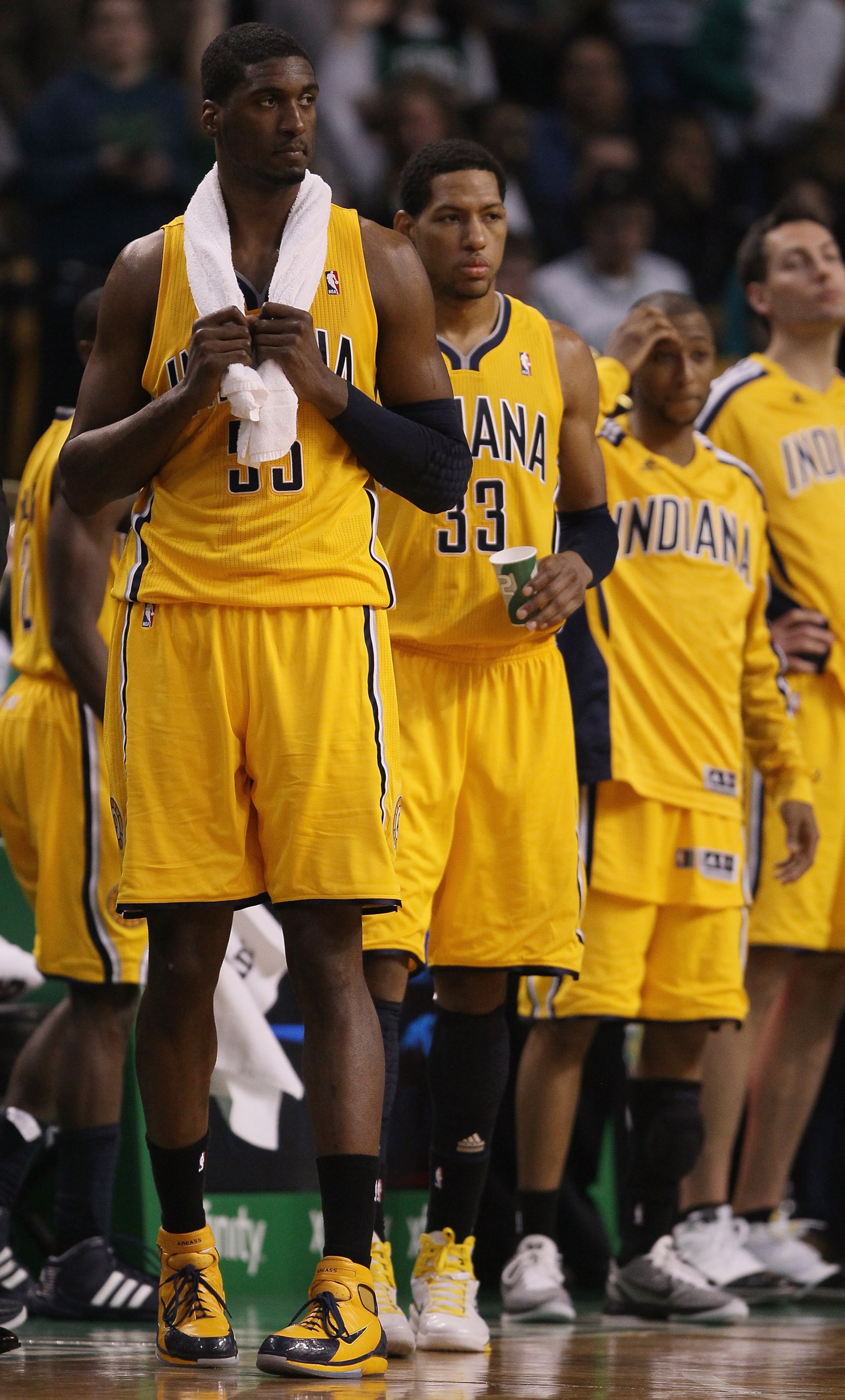 BOSTON, MA - MARCH 16: Roy Hibbert #55 and Danny Granger #33 of the Indiana Pacers react after the game against the Boston Celtics on March 16, 2011 at the TD Garden in Boston, Massachusetts. The Celtics defeated the Indiana Pacers 92-80. NOTE TO USER: U BOSTON, MA - MARCH 16: Roy Hibbert #55 and Danny Granger #33 of the Indiana Pacers react after the game against the Boston Celtics on March 16, 2011 at the TD Garden in Boston, Massachusetts. The Celtics defeated the Indiana Pacers 92-80. NOTE TO USER: U