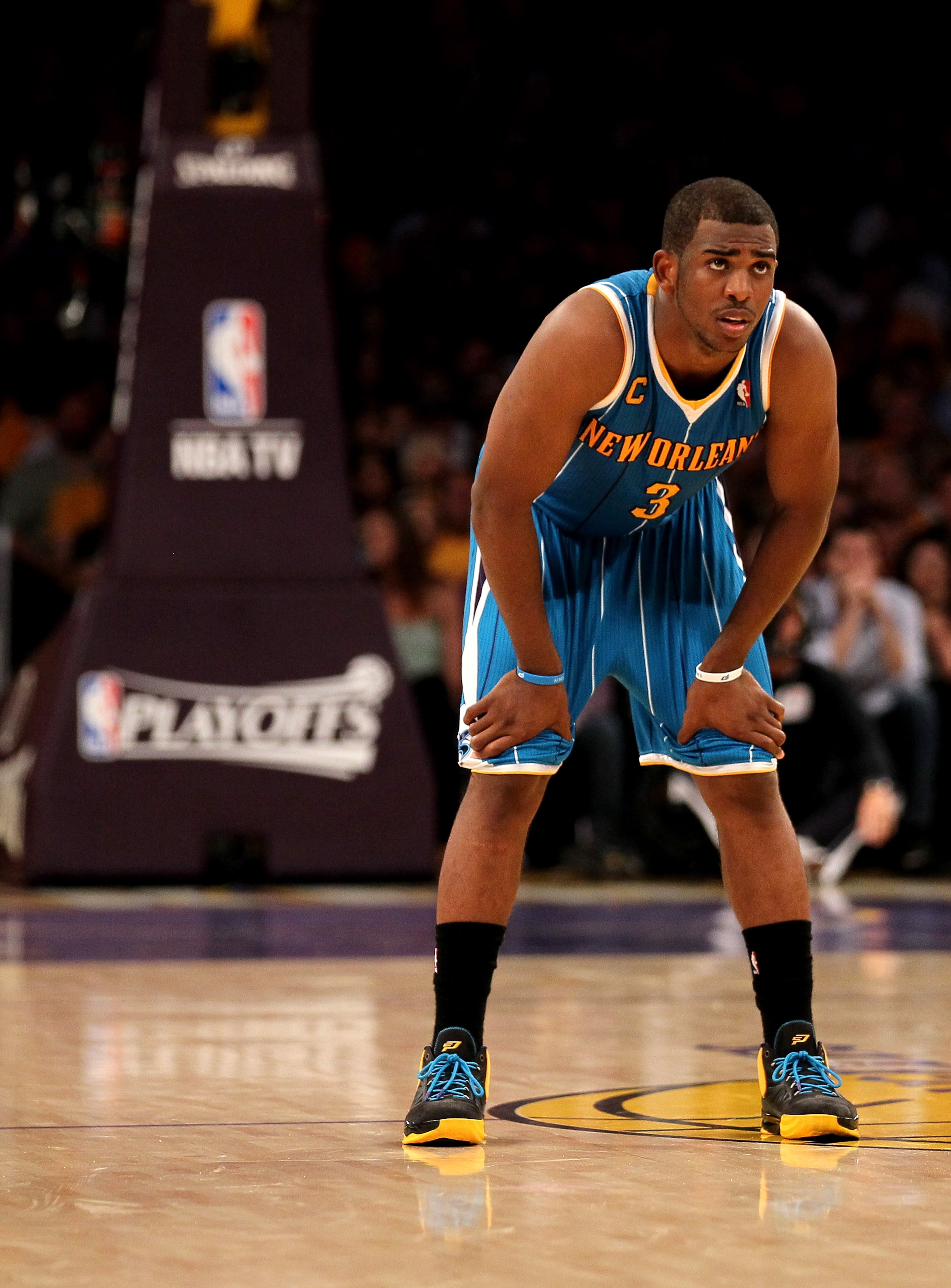 LOS ANGELES, CA - APRIL 17: Chris Paul #3 of the New Orleans Hornets stands on the court against the Los Angeles Lakers in Game One of the Western Conference Quarterfinals in the 2011 NBA Playoffs on April 17, 2011 at Staples Center in Los Angeles, Calif LOS ANGELES, CA - APRIL 17: Chris Paul #3 of the New Orleans Hornets stands on the court against the Los Angeles Lakers in Game One of the Western Conference Quarterfinals in the 2011 NBA Playoffs on April 17, 2011 at Staples Center in Los Angeles, Calif