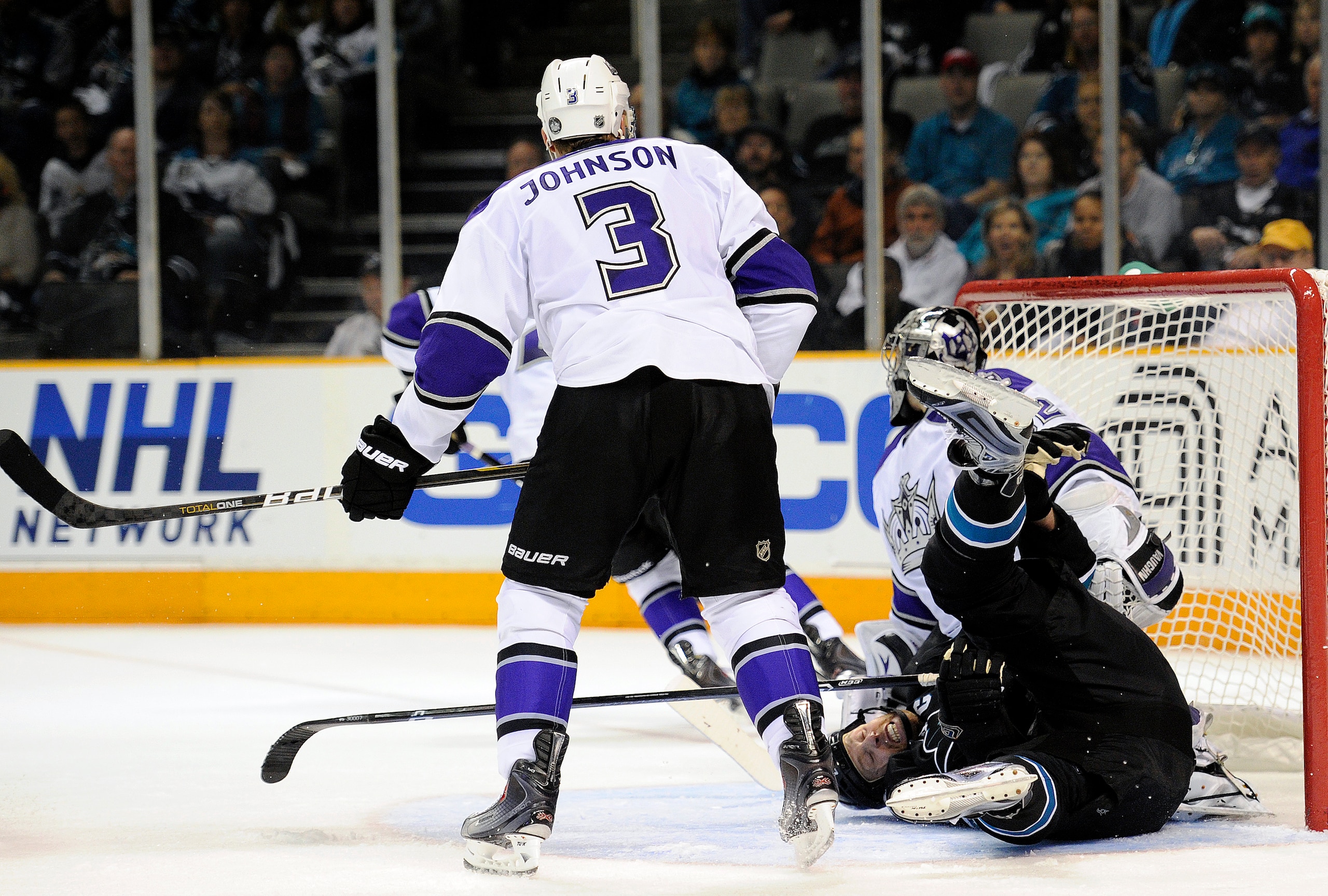 SAN JOSE, CA - APRIL 16: Jack Johnson #3 of the Los Angeles Kings checks Joe Thornton #19 of the San Jose Sharks to the ice in Game Two of the Western Conference Quarterfinals during the 2011 NHL Stanley Cup Playoffs at the HP Pavilion on April 16, 2011 i SAN JOSE, CA - APRIL 16: Jack Johnson #3 of the Los Angeles Kings checks Joe Thornton #19 of the San Jose Sharks to the ice in Game Two of the Western Conference Quarterfinals during the 2011 NHL Stanley Cup Playoffs at the HP Pavilion on April 16, 2011 i