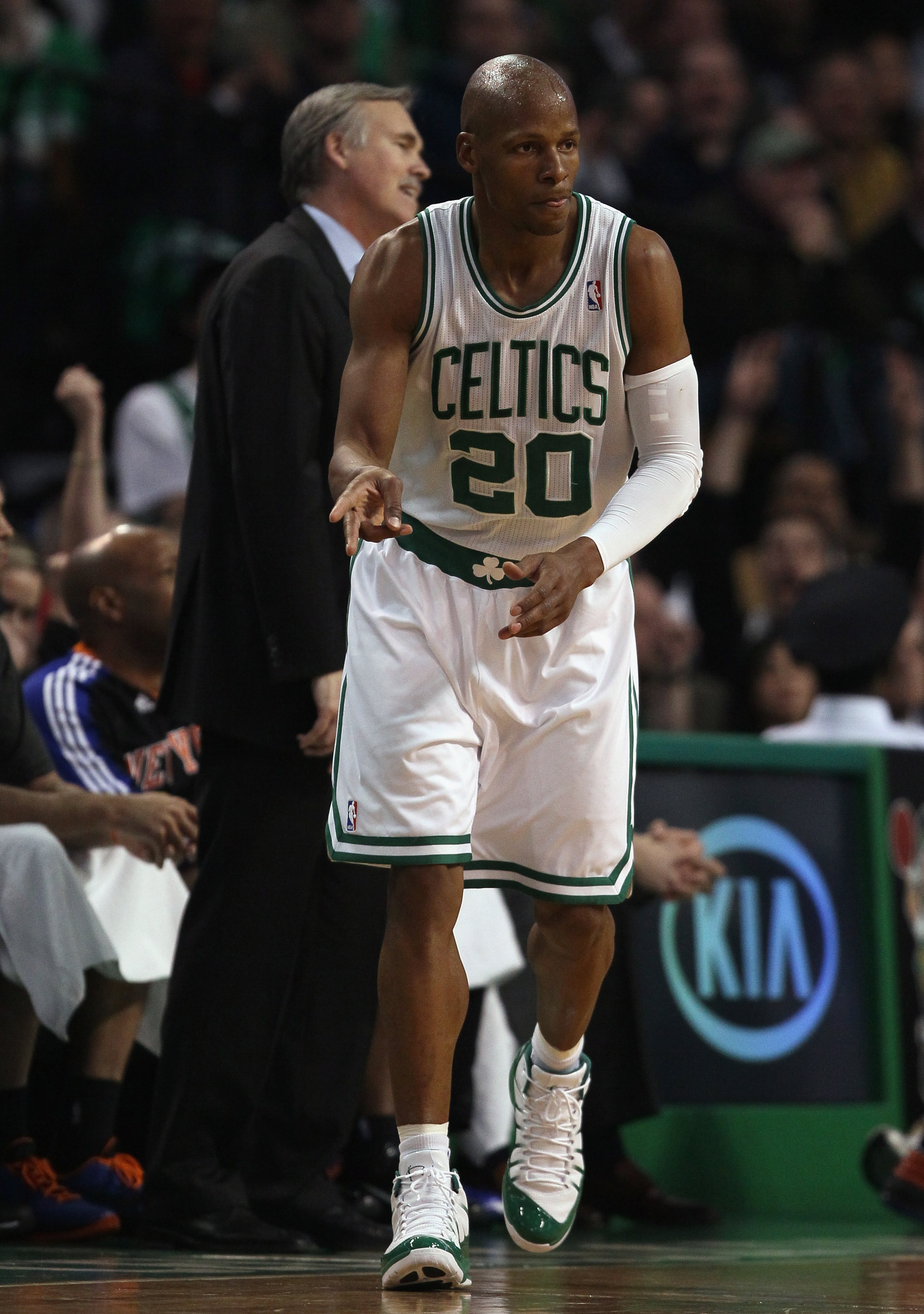 BOSTON, MA - APRIL 17: Ray Allen #20 of the Boston Celtics celebrates his basket in the fourth quarter against the New York Knicks in Game One of the Eastern Conference Quarterfinals in the 2011 NBA Playoffs on April 17, 2011 at the TD Garden in Boston, BOSTON, MA - APRIL 17: Ray Allen #20 of the Boston Celtics celebrates his basket in the fourth quarter against the New York Knicks in Game One of the Eastern Conference Quarterfinals in the 2011 NBA Playoffs on April 17, 2011 at the TD Garden in Boston,